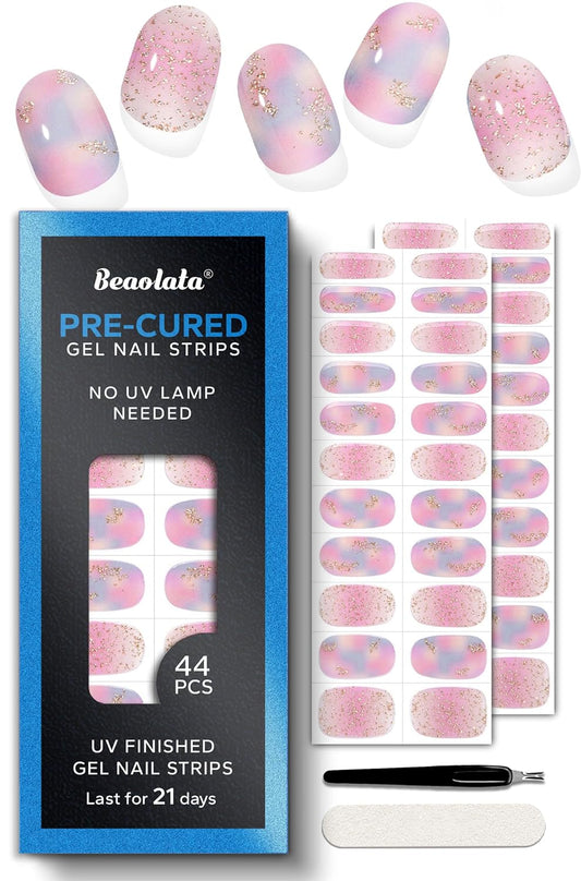 Pre Cured Gel Nail Strips - 44PCS Salon Quality Gel Nail Stickers - Long Lasting Polish Wraps for Women no UV Light Needed Easy Apply& Remove (Dusk Pink）