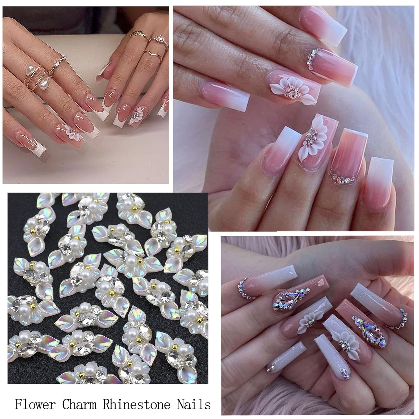 Rhinestones for Nails, Flatback Multi Shape Gems 3D Flowers Nail Charms Mixed Nail Glitter Powder Supplies Moonlight Crystal Jewelry Accessories for Women Manicure Decorations Design