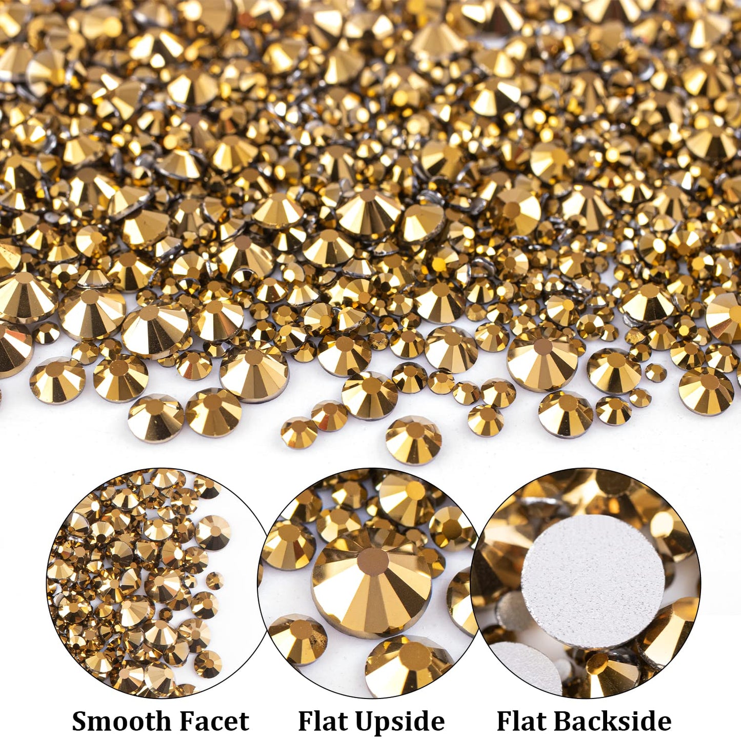 One Pack 2000 Pcs of Flatback Round Mineral Gold Rhinestones 6 Sizes (1.5-6 mm) with Nail Art Rhinestone Picker Pencil and Tweezers for DIY and Salon Use
