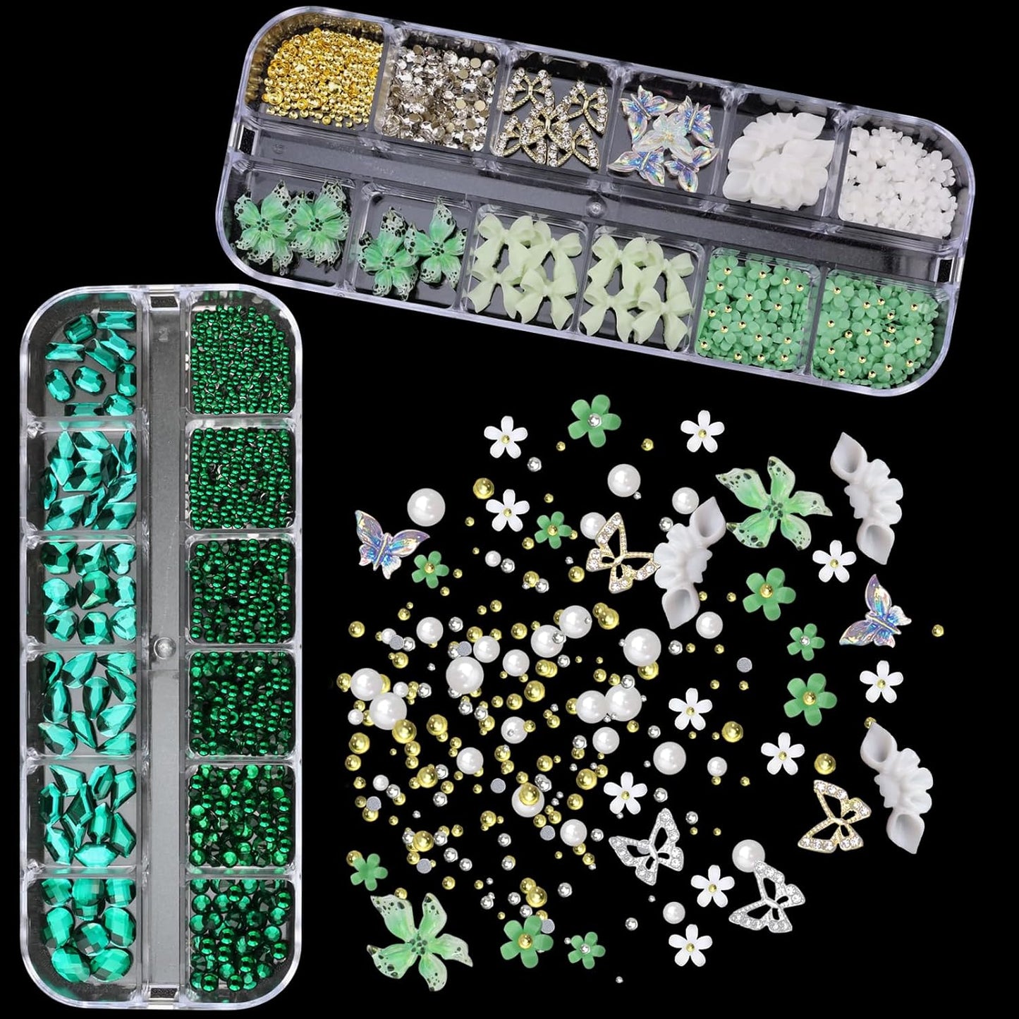 4 Boxes Green Nail Gems Bow Flower Nail Charms for Acrylics - Irregular Crystals, Nails Rhinestone & Accessories for Women Nails Art Design Nails Decor(Green)