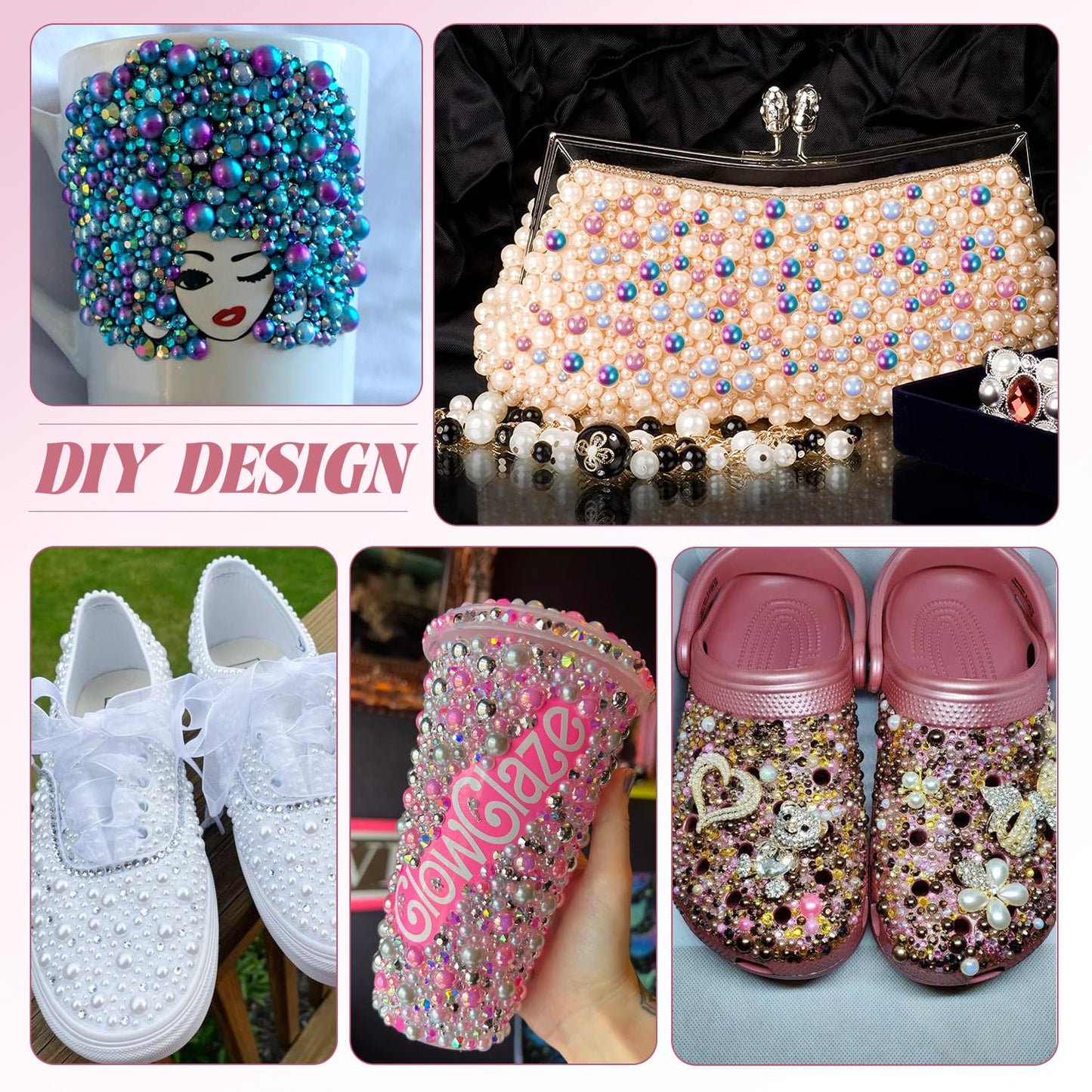 9000Pcs Flatback Pearls and Rhinestones for Crafting, Green White Mixed Size 3-8mm Resin Rhinestones and Half Pearls for Bedazzling, Nail Art and Decoration with 3pcs B7000 Jewelry Glue