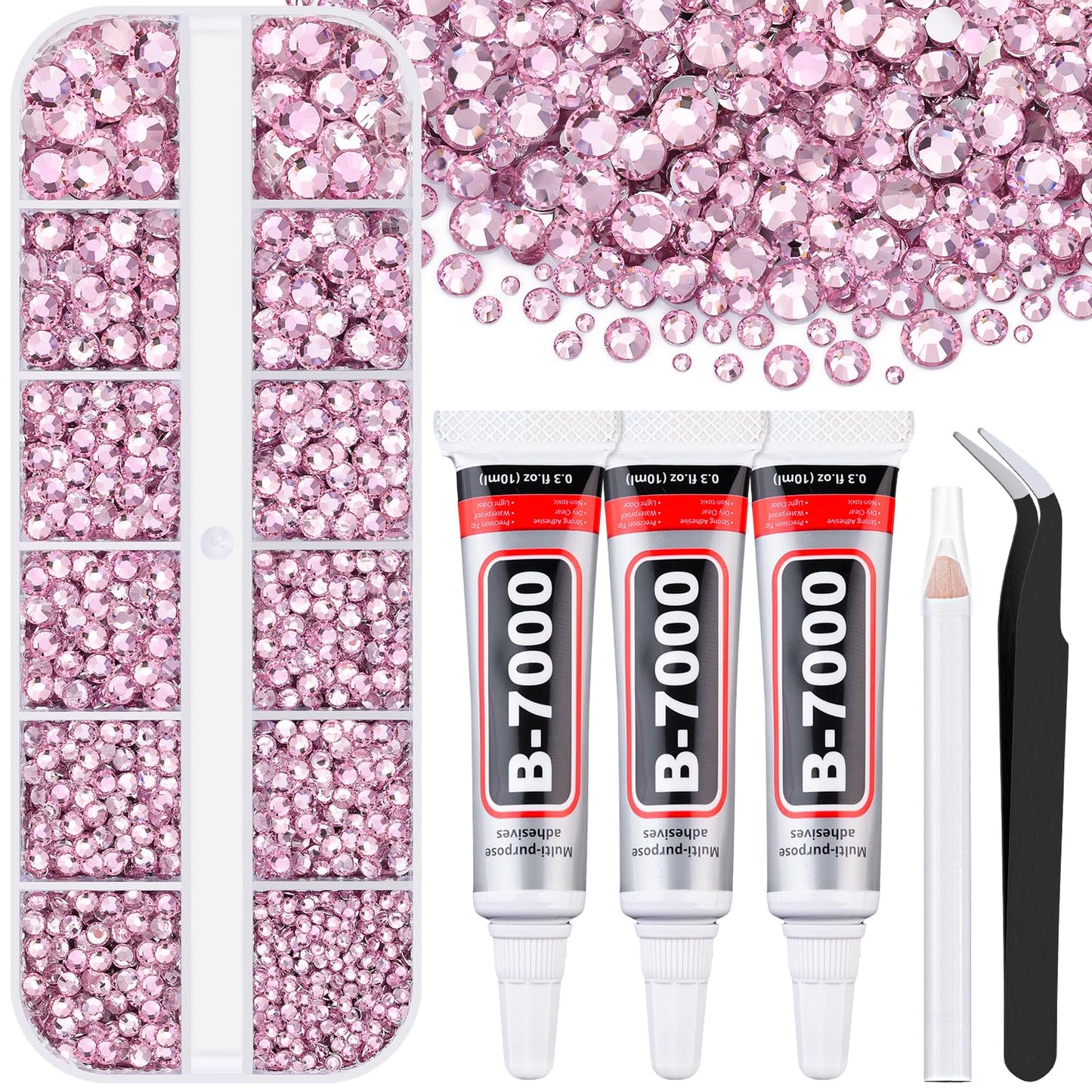 6000Pcs Resin Rhinestones for Bedazzling with 3Pcs B7000 Jewelry Glue, 1 Box Light Pink Flatback Rhinestones for Crafting Crafts DIY, Crystals Gems for Clothing Shoes Tumblers Nail Art Makeup