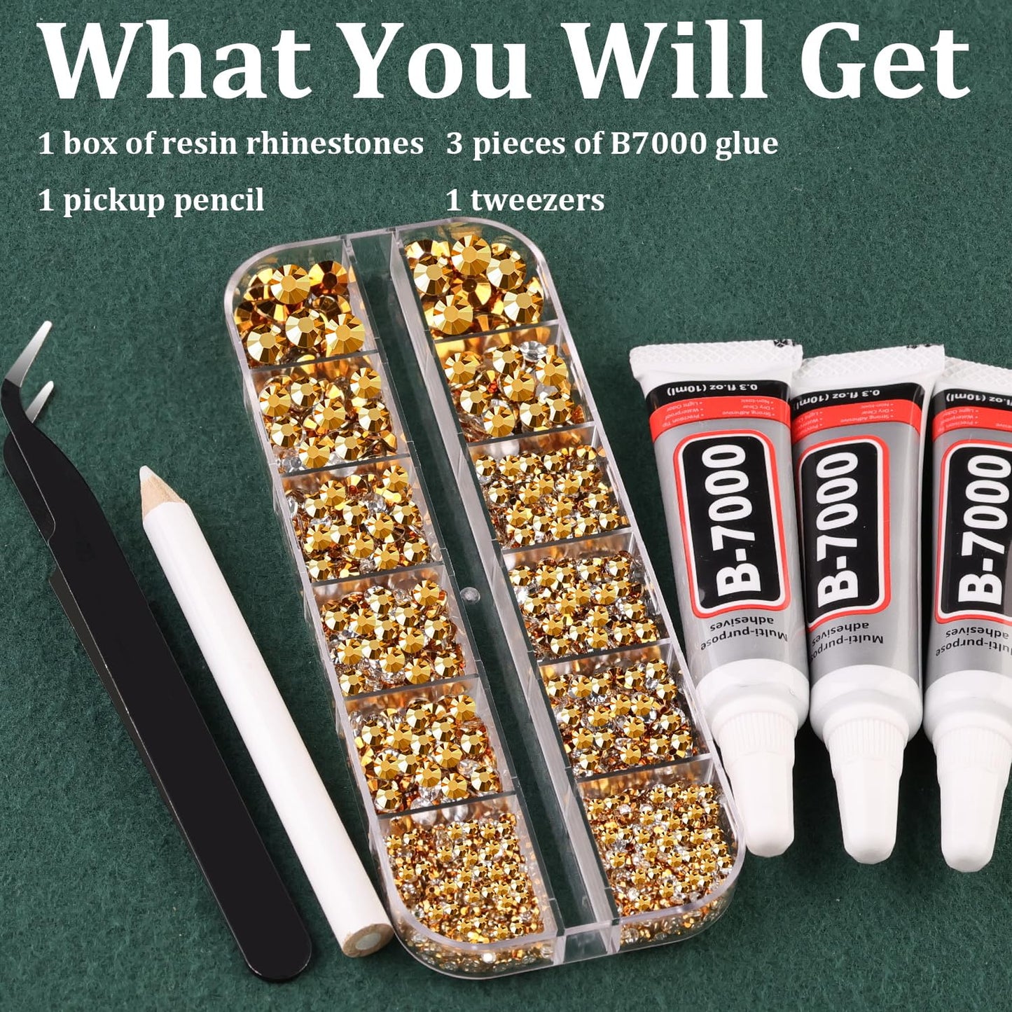 Resin Rhinestones for Crafting with B7000 Jewelry Glue, 1 Box Gold Flatback Crystals with 3Pcs 10ml Glue for Bedazzling Crafts DIY Nail Art Makeup，Non Hotfix Gems for Clothing Shoes