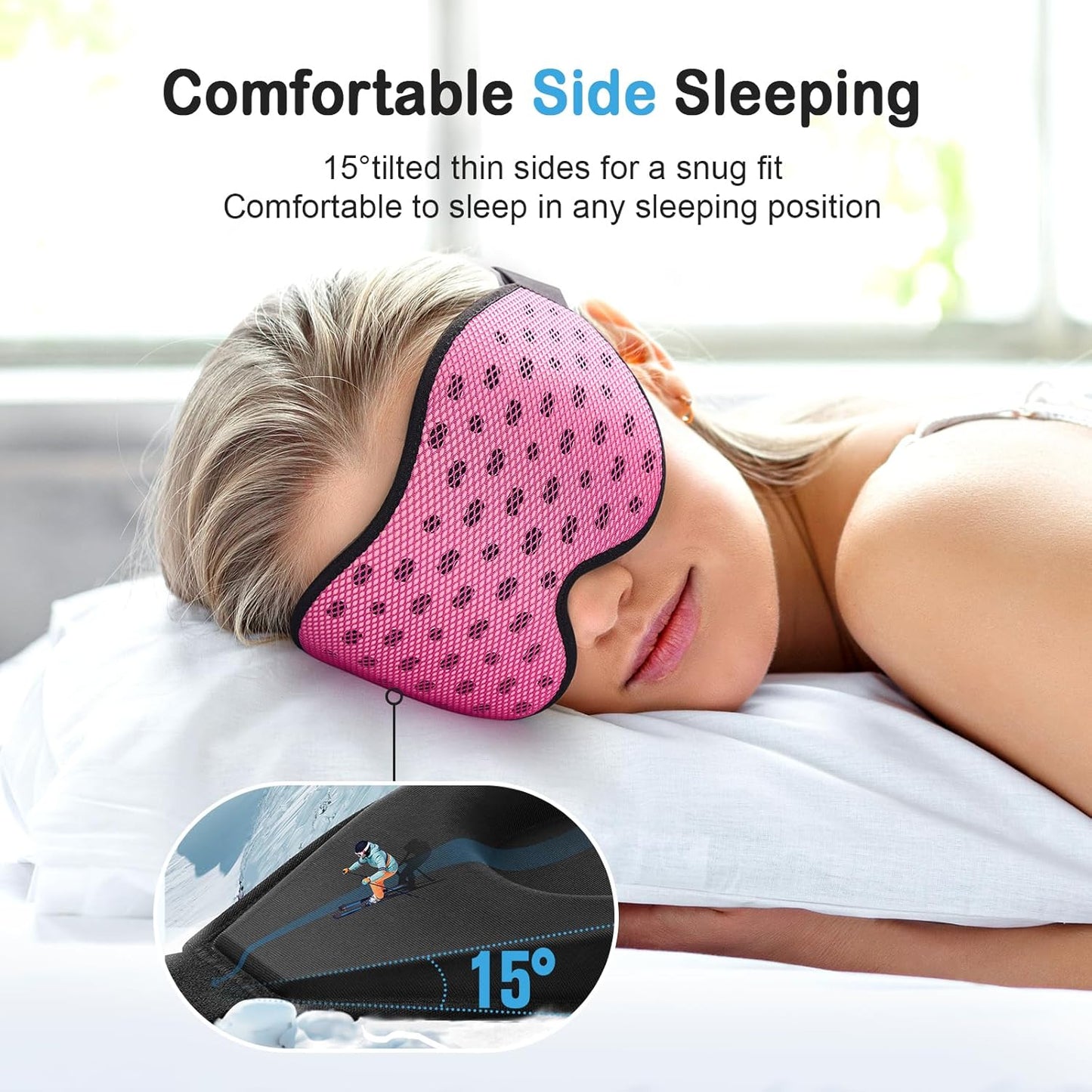 LitBear Breathable Sleep Mask, 3D Eye Mak Sleep for Side Sleepers Women Men, Light Blocking Sleeping Mask with Adjustable Strap, Soft Lightweight Eye Cover for Travel, Night Work, Nap, Office - Pink