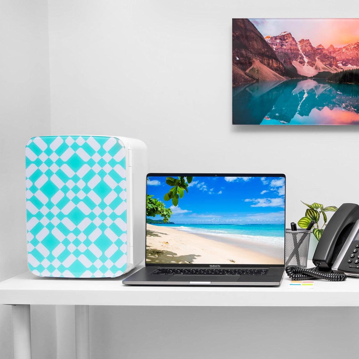 Cooluli 10L Mini Fridge for Bedroom - Car, Office Desk & Dorm Room - 12v Portable Cooler & Warmer for Food, Drinks, Skincare, Beauty & Makeup - AC/DC Small Refrigerator with Glass Front, Green Pattern