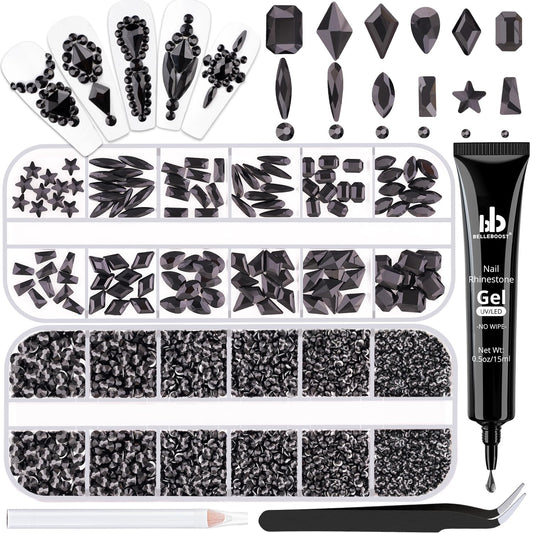 3220Pcs Black Glass Nail Rhinestones 120Pcs Multi Shapes Flatback Nail Gems + 3100Pcs 1.5-4mm Round Crystal with Rhinestones Glue Gel, Manicure Nail Charms Diamond Gemstones for Nail Art