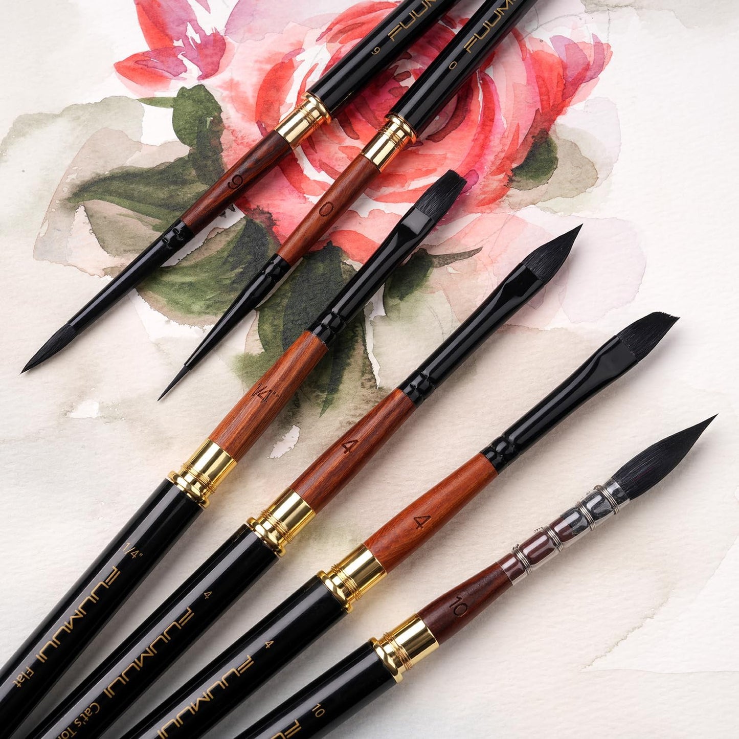 Travel Watercolor Brushes, Fuumuui Professional 6pcs Natural Soft Squirrel Hair Watercolor Travel Brush Set with Graphite Tip Pen Perfect for Watercolor Gouache Ink Painting