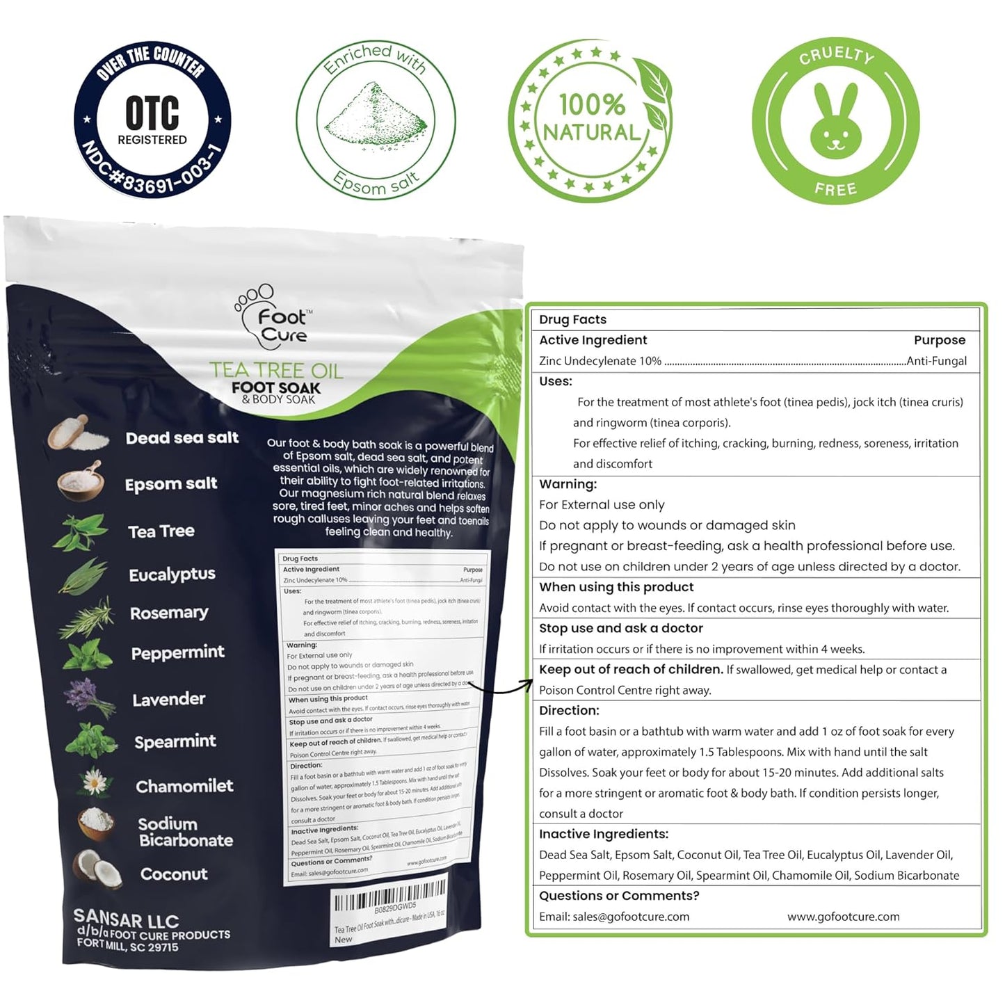 Tea Tree Oil & Soothing Lavender Foot Soak with Epsom Salt - Best Toenail Treatment & Softens Calluses - Soothes Sore & Tired Feet, Foot Odor Scent, Spa Pedicure - Made in USA - 16oz (Pack of 2)