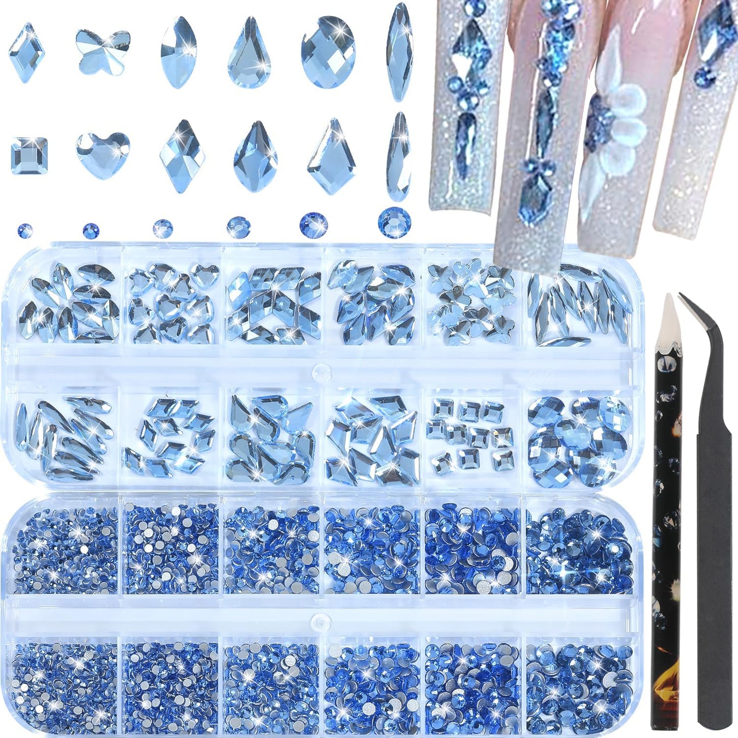 Nail Rhinestones - 3D Multi Shape Size, Flat Back, Crystals Manicure Rhinestones Charms, Light Blue Nail Gems, with Kit, for Nail Art, Bedazzling Acrylic Nails, DIY Decor