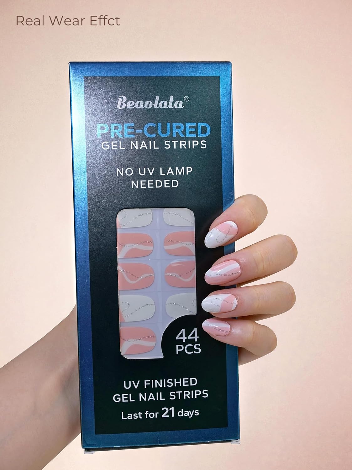 Pre Cured Gel Nail Strips - 44PCS Salon Quality Gel Nail Stickers - Long Lasting Polish Wraps for Women no UV Light Needed Easy Apply& Remove (Marble Pink)