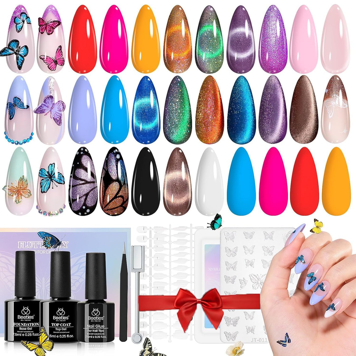 Beetles Cat Eye Gel Nail Polish Set, 15 Colors Gel Polish Nail Kit, Orange Glitter Purple White Blue Sparkle Uv Gel with Base & Top Coat & 3D Silicone Mold Nail Art for Decoration