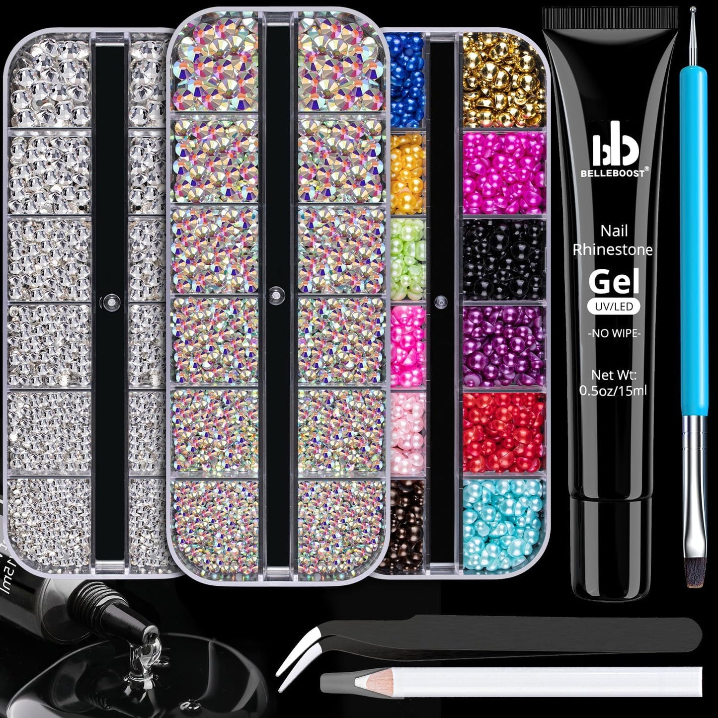 Rhinestones for Nails & Pearls, Manicure Kit with Nail Rhinestone Glue Gel, Flat Back Glass Crystal AB + Clear Gems, Colorful Half Round Pearls, Gem Glue (UV/LED Needed) with Dotting Tools