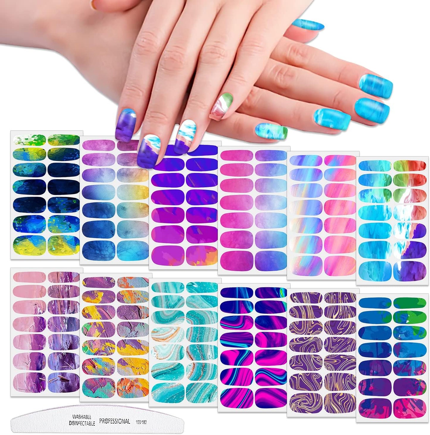 WOKOTO 12 Sheets Colorful Gradient Full Nail Polish Stickers False Nail Design Stickers Full Nail Wraps for Women Girls Macaron Colors Graffiti Nail Stickers for Nails Stick On Nail Polish Strips