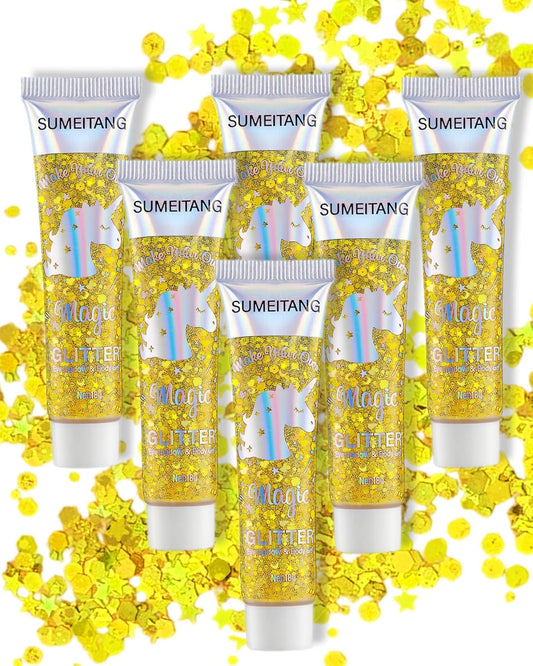 6PCS Gold Face Body Glitter Gel，Holographic Chunky Sequins Body Glitter Paint for Party Singer Concerts Music Festival Rave Accessories for Girls Women Face Body DIY Sparkling Makeup