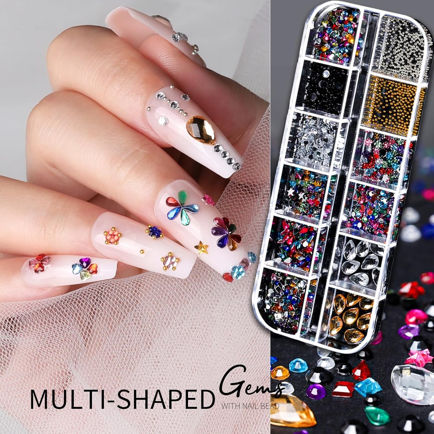 Teenitor Nail Charms Nail Gems with 15 Sheets Gold Nail Stickers, 6 Boxes of Rhinestones for Nails Art Tools, 3D Nail Decals Pearls for Nails