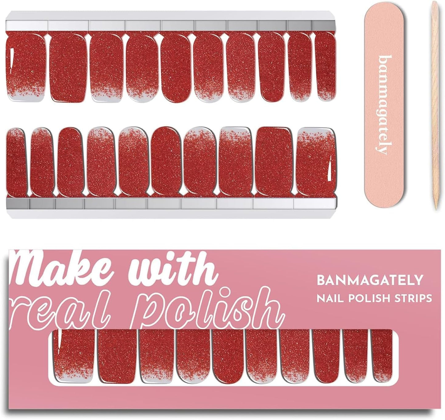 Nail Polish Strips, 20Pcs Salon Quality Gel Nail Stickers, Easy Long Lasting Wraps for Short Nails no UV Light Needed (Christmas Red)