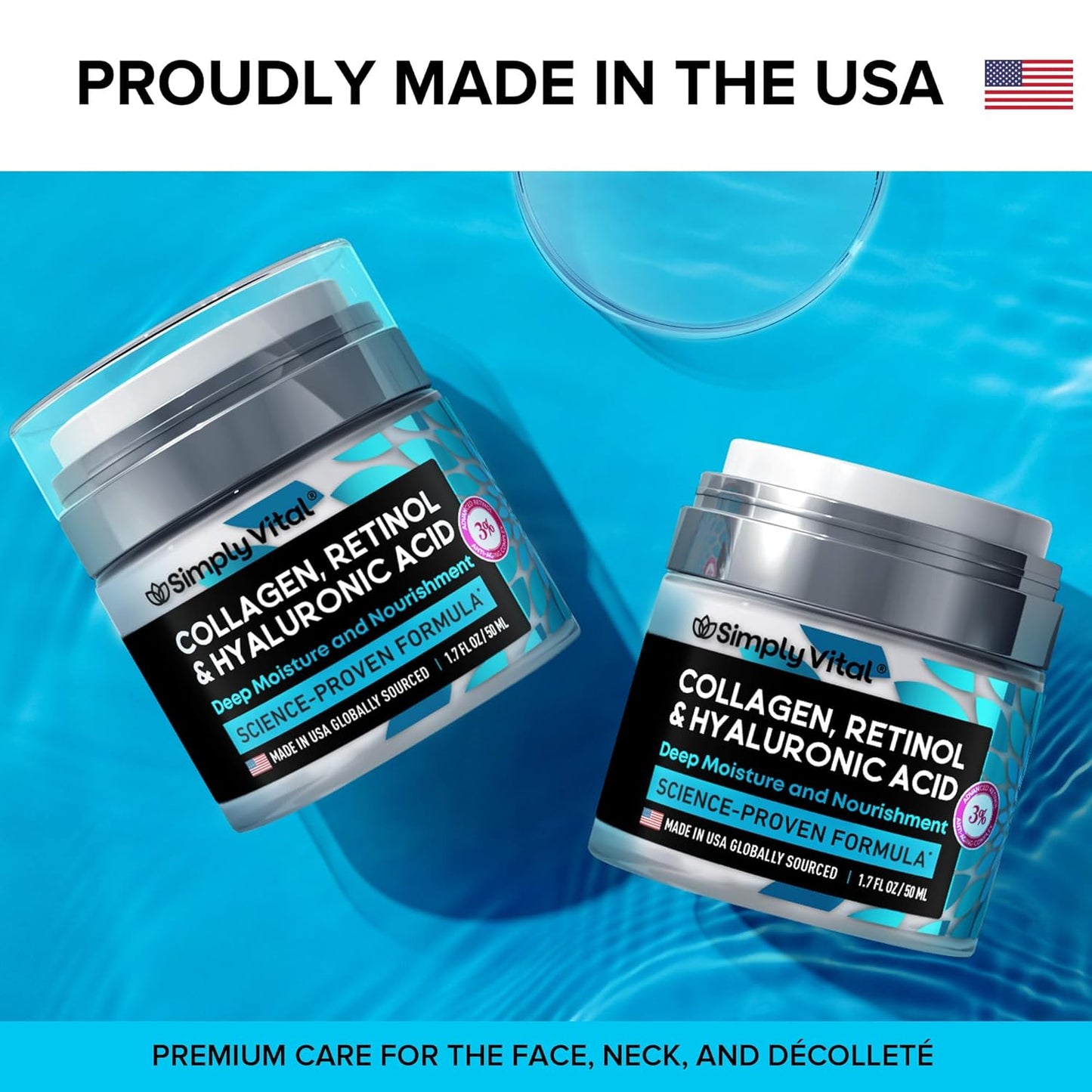 SimplyVital Collagen, Retinol & Hyaluronic Acid Cream - Anti-Aging Face Moisturizer for Face, Firming Skin Care Neck & Décolleté - Made in USA, Daily Moisturizer Face Cream Day & Night - 1.7 fl.oz.