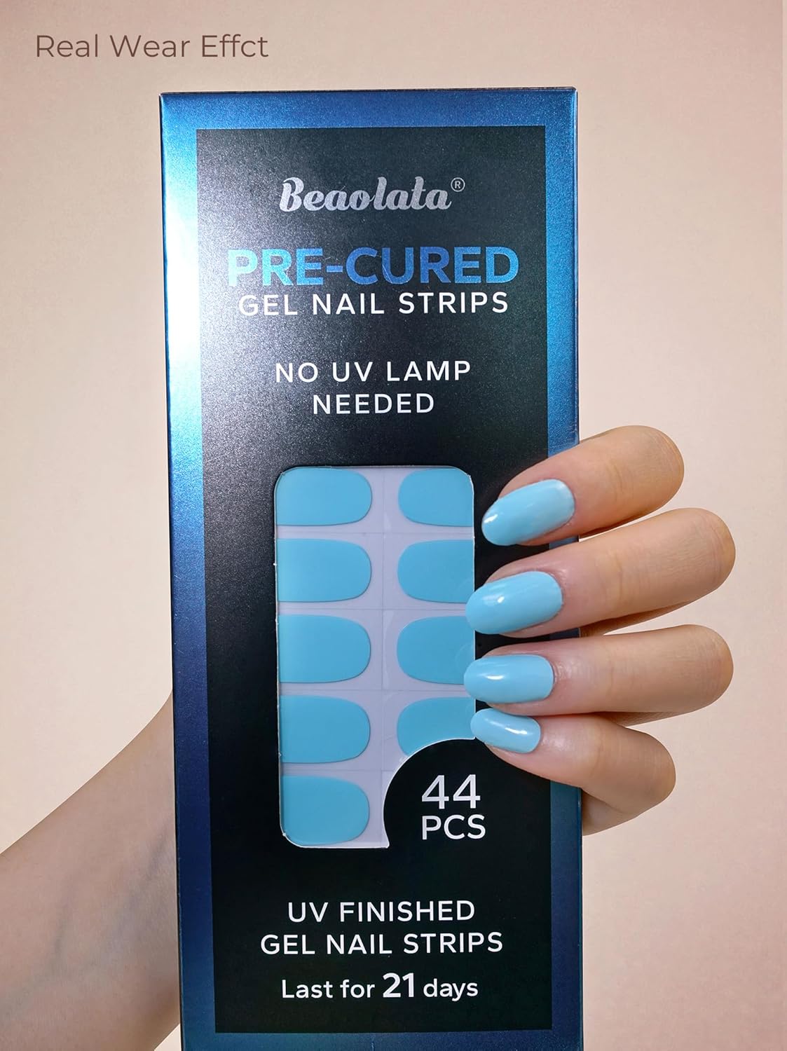 Pre Cured Gel Nail Strips - 44PCS Salon Quality Gel Nail Stickers - Long Lasting Polish Wraps for Women no UV Light Needed Easy Apply& Remove (Icy Blue)