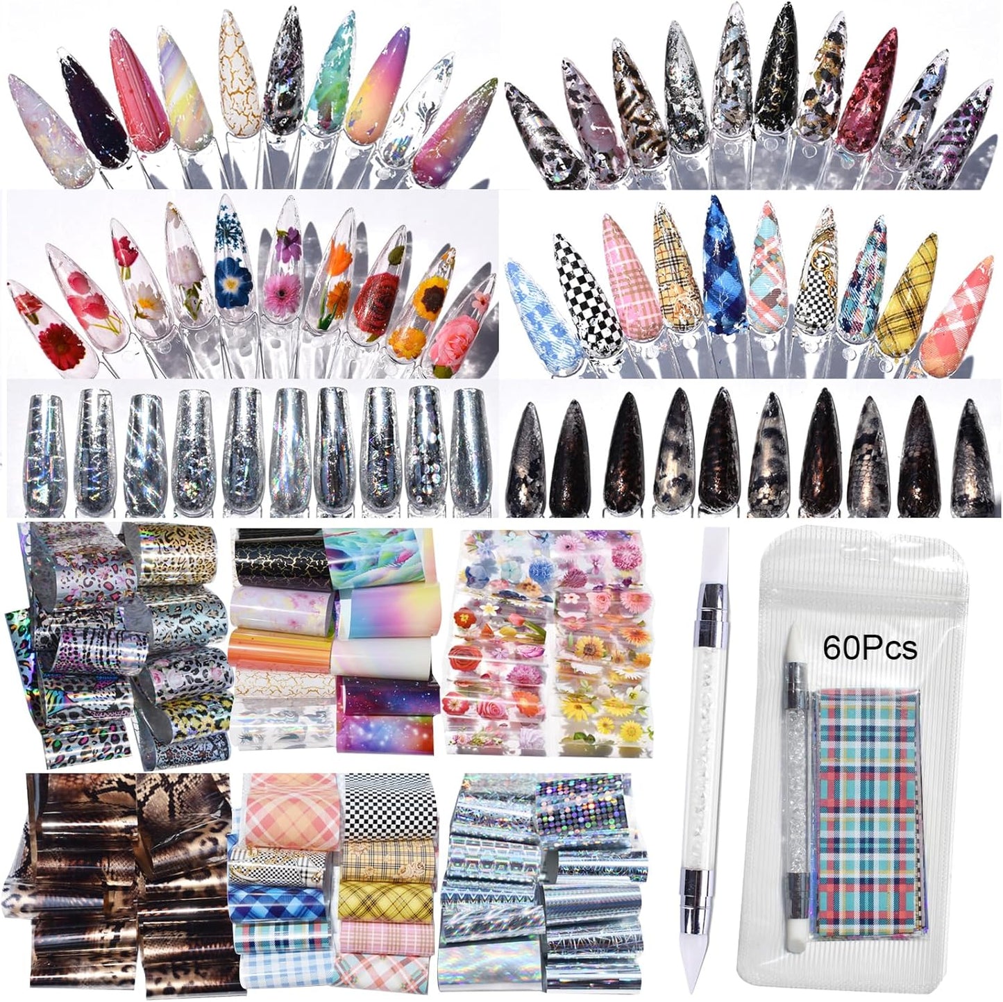 Nail Art Transfer Foils, 60 Pieces, Mixed Designs - Dried Flowers, Iridescent, Animal Print, Marble, Checkered Patterns, 1 Pcs Nail Art Engraving Pen Silicone Pen 7.87 x 1.57 inches(60)