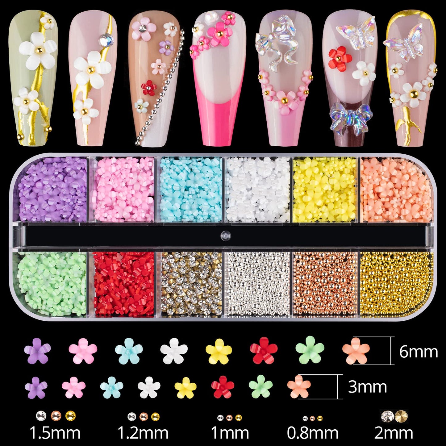 Mixed 3D Nail Art Gem Decoration Accessories Kit #1, Aurora Bear Bow Butterfly Starry AB Rhinestone Charm Jewelry for Deco, Pearl Flower Caviar Bead Stone Crystal with Dual-End Brush and Tweezer