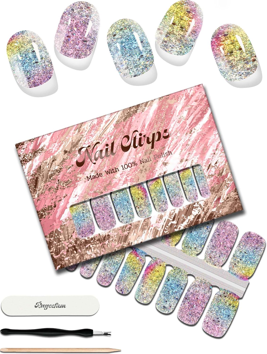 Glitter Nail Polish Strips, 32 Pcs Salon Quality Gel Nail Stickers, Long Lasting Wraps Easy to Use & Remove (Dreams Glimmer)
