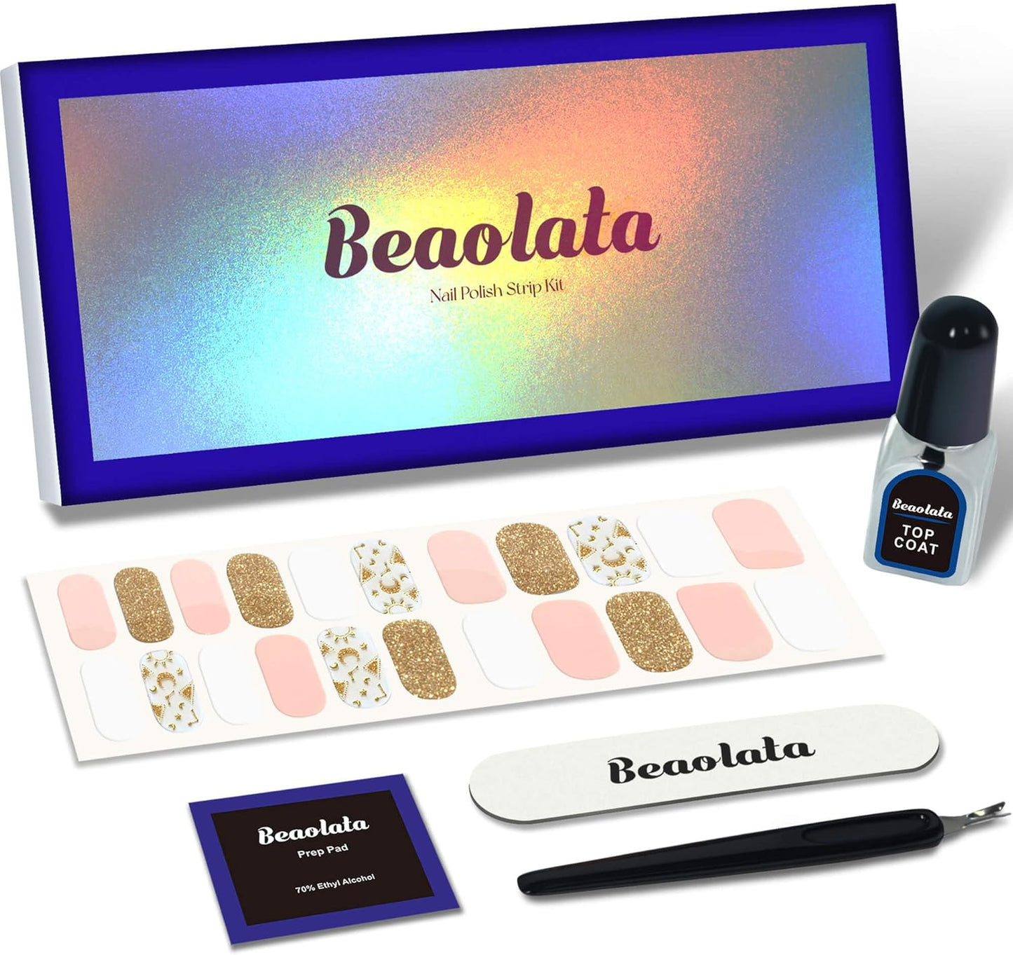 Nail Polish Strips, 44PCS Salon Quality Wraps with Top Coat, Long Lasting Gel Nail Stickers for Women Easy Apply& Remove (Planetesimal Pink&Gold)