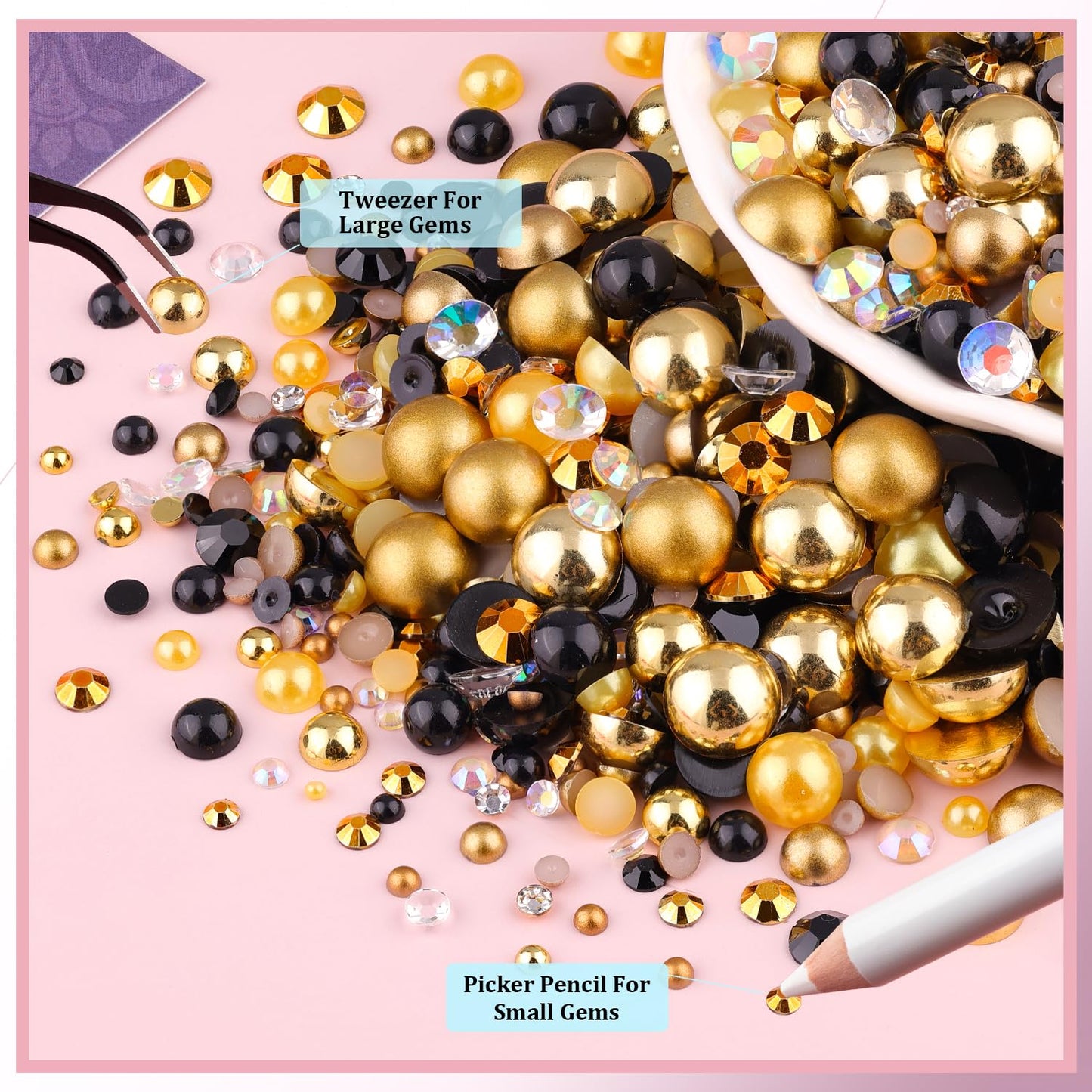 80g Flatback Pearls and Rhinestones for Crafting, Golden Black Mixed Size 3-10mm Resin Rhinestones and Half Pearls for Bedazzling, Nail Art and Decoration with Tweezer and Pickup Pencil