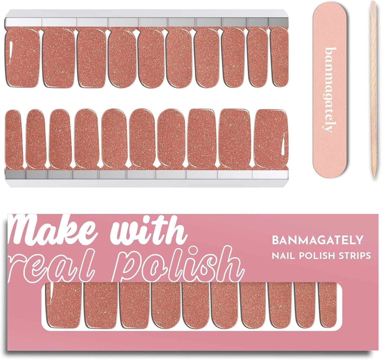 Nail Polish Strips, 20Pcs Salon Quality Gel Nail Stickers, Easy Long Lasting Wraps for Short Nails no UV Light Needed (Glitter Cinnamon)