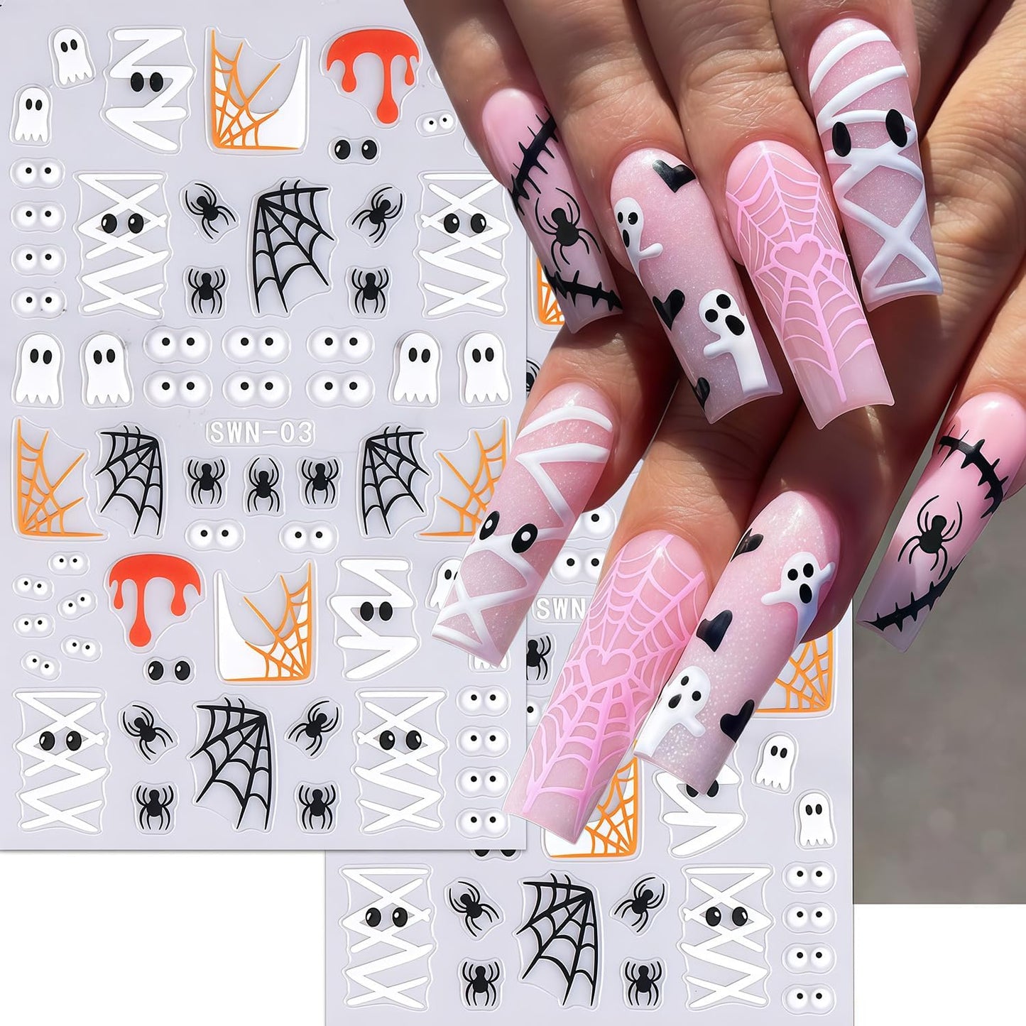 6 Sheets Halloween Nail Art Stickers 3D Self-Adhesive Cute Ghost Spider Spider Web Pumpkin Nail Stickers Black Spiders Pattern Nail Sticker for Day of The Dead Holiday Nails Decor Accessories