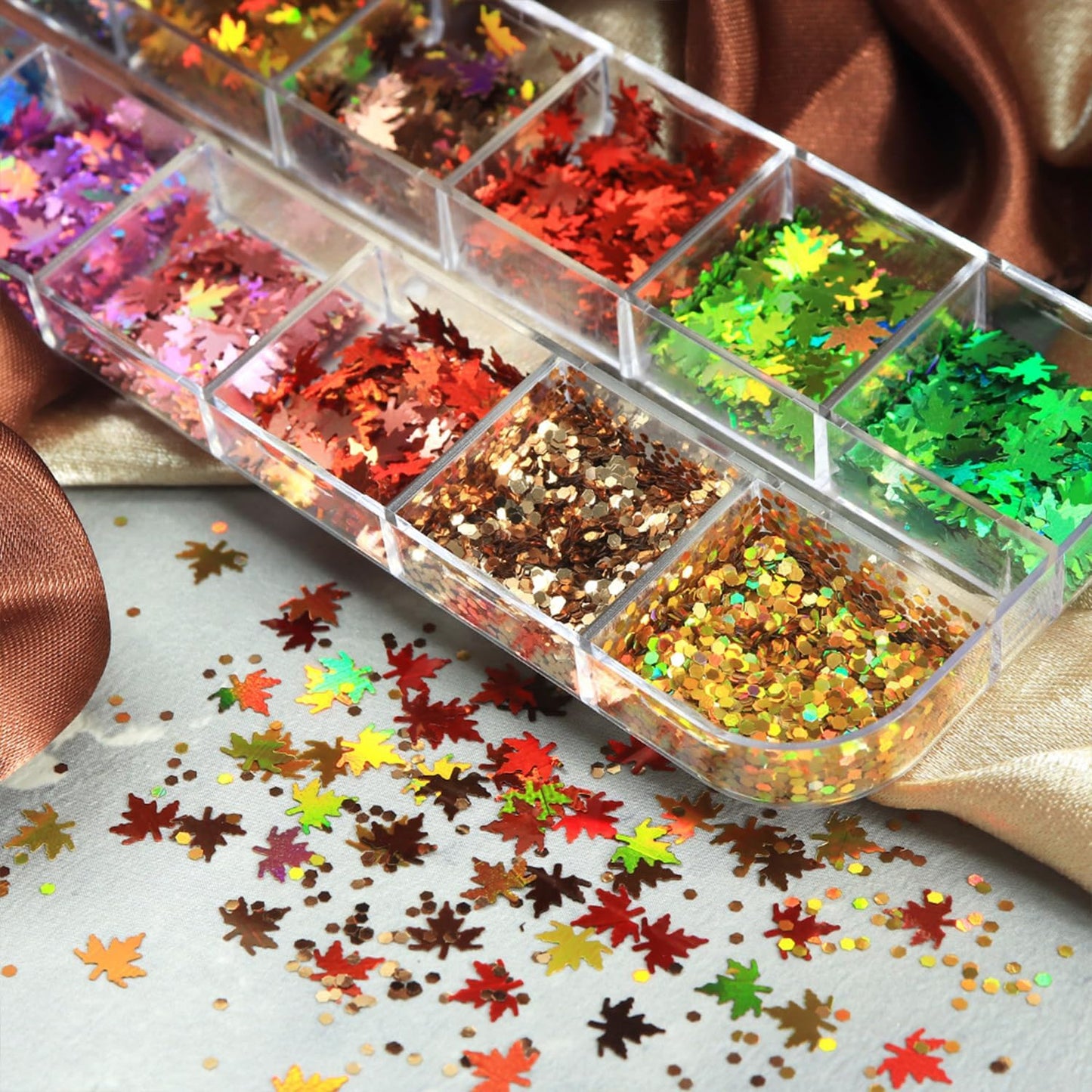 Thanksgiving Glitters Nails Sequins Fall Nail Glitter Sequins Autumn Maple Leaf Flakes Design Nails Charms Holographic Mixed Color 3D Confetti Maple Leaves Nails Glitter for Women