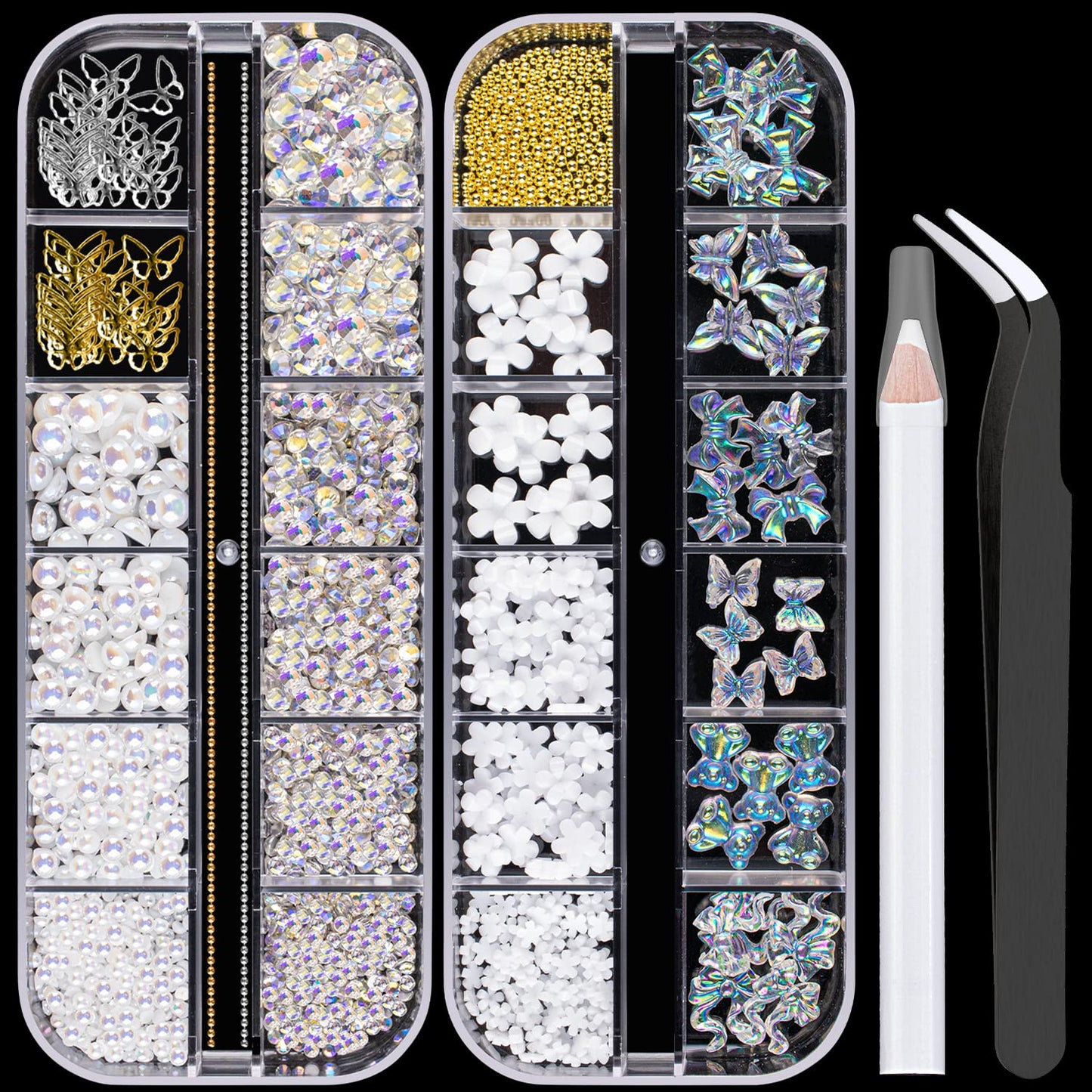 Mixed 3D Nail Art Gem Decoration Accessories Kit #8, Aurora Bear Bow Butterfly Starry AB Rhinestone Charm Jewelry for Deco, Pearl Flower Caviar Bead Stone Crystal with Pickup Pencil and Tweezer