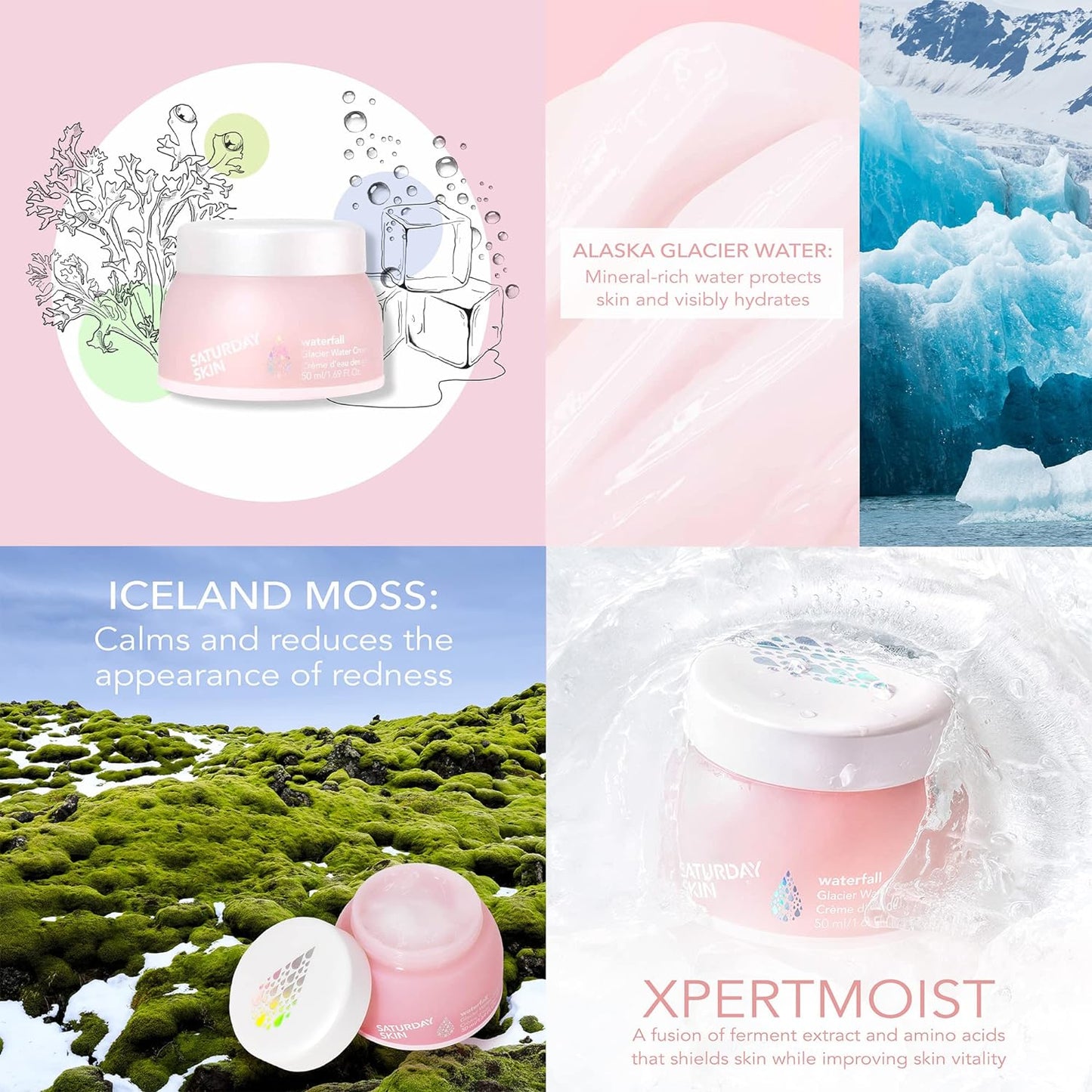 Saturday Skin Face Moisturizer Water Cream Mini Size, Vegan Natural Facial Moisturizer Oil-free Gel Cream From Alaska Glacier Water Day & Night Cream Hydrating and Reduce Wrinkles(1.01 Fl Oz (30ml))