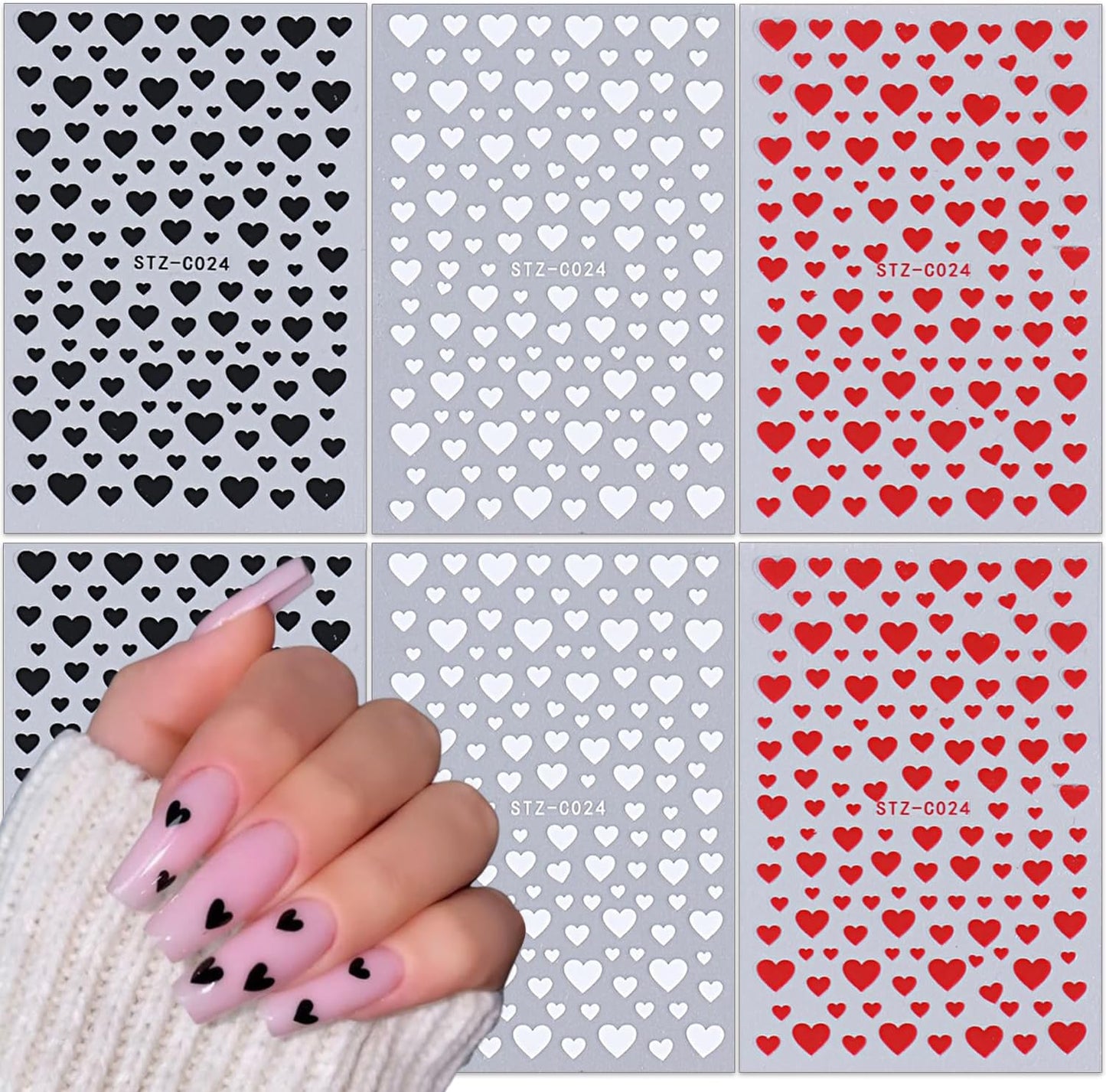 Valentines Nails Art Stickers 6 Sheets Heart Nail Stickers 3D Self Adhesive Valentines Nails Decals Red Black White Heart Designs Stickers Nail Supplies Decoration for Women Girls Acrylic Nail DIY