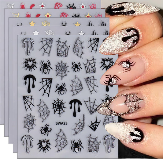 Halloween Nail Art Stickers, Glitter Spider Web Nail Art Decals 3D Self-Adhesive Black Gold Silver Heart Star Moon Nail Design 5Pcs Halloween Nail Art Supplies for Women Nail Decoration