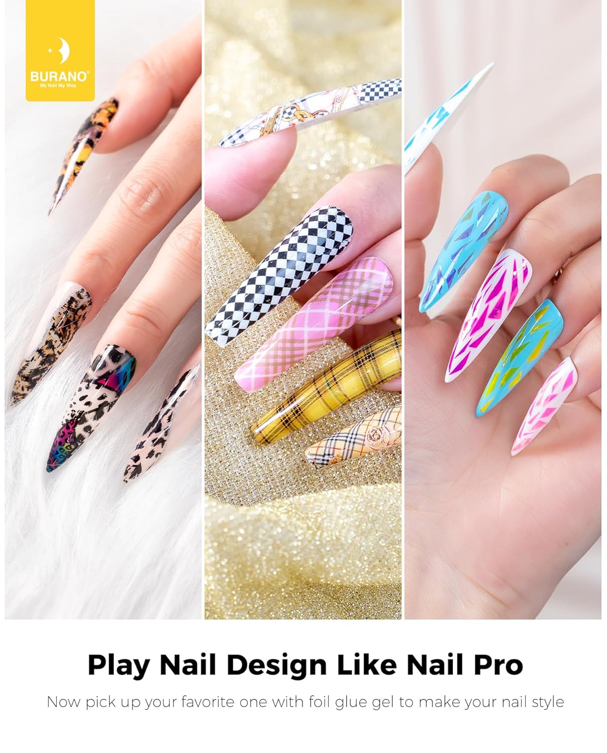 BURANO Nail Art Nail Foil Glue Gel, o.5 oz with 10PCS Foil Stickers Set Nail Foil Glue for Nails Foil Transfer Gel, Nail Design DIY UV LED Lamp Required (Popular Foil 12)