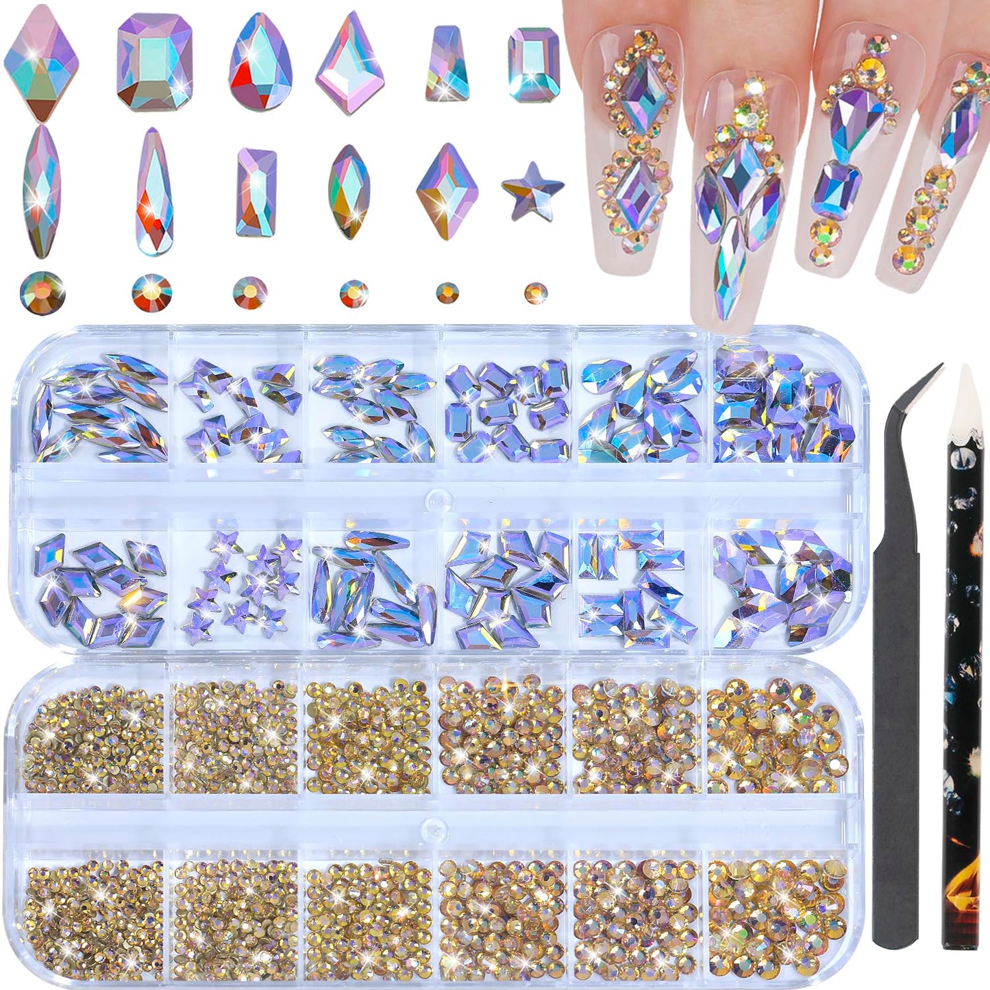 HNUIX Nail Rhinestones - 3D Multi Shape Size Crystal, Phantom Purple Nail Gems, Flat Back, with Kit, for Nail Art, DIY Decorations