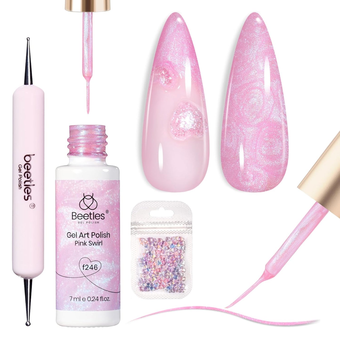 Beetles Pearl Pink Gel Nail Polish,Pearlescent Pink Mermaid Nail Drawing Gel Nail Art Polish Soak Off Uv Led Shimmer Gel Liner Nail Art with Dotting Pen & Heart Nail Charms for Women