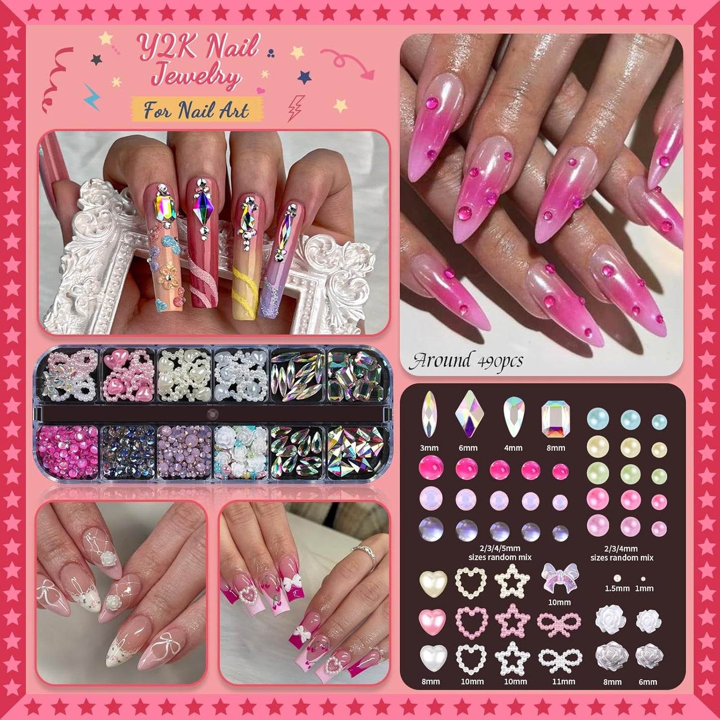 Rhinestones, AB Crystal Nail Gems Pink Opal Nail Rhinestones with Aurora Bubble Beads Pearls Star Heart Bows Nail Charms and Rhinestone Picker Tools for Kwaii Y2K Nail Art Decor - 3 Boxes