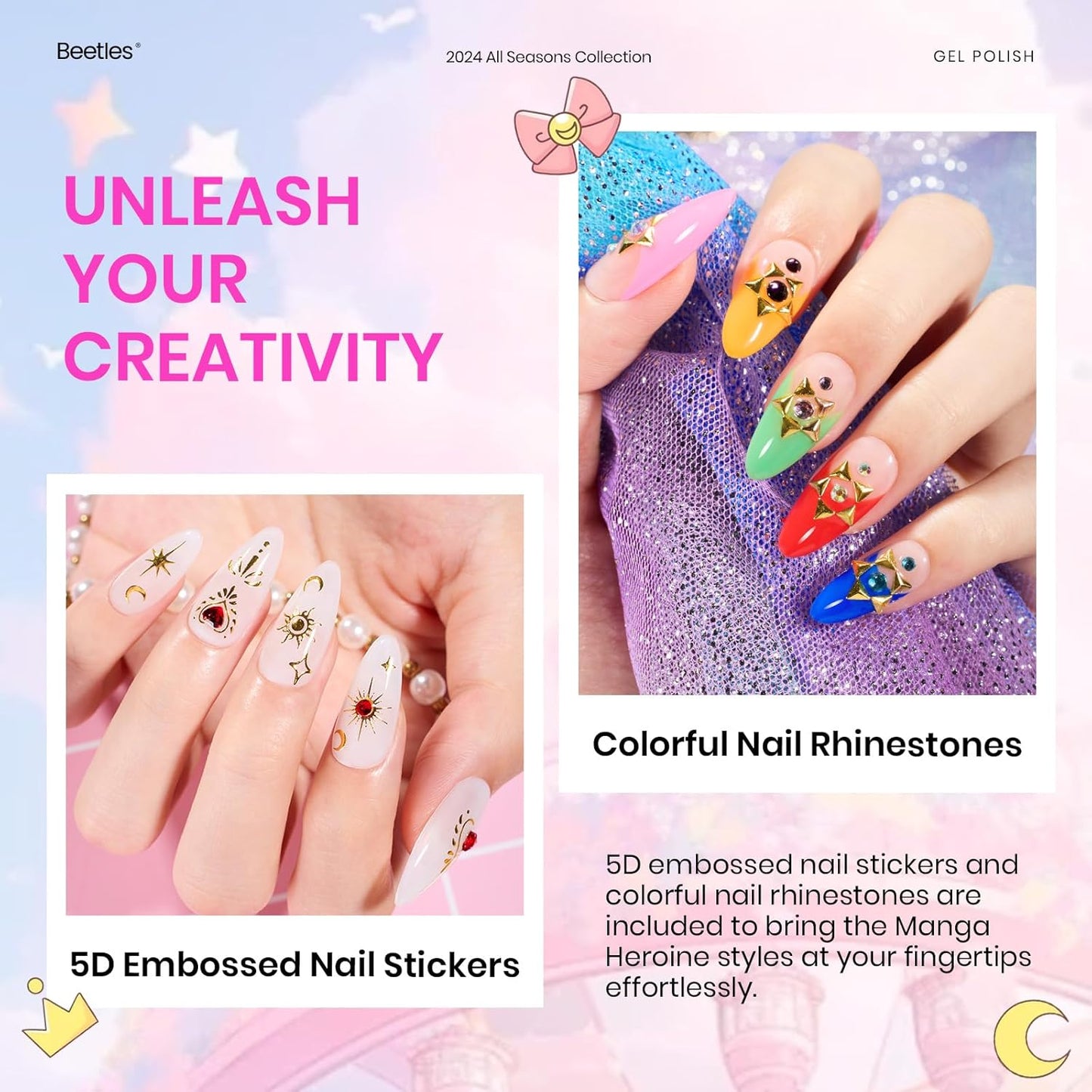 Beetles Gel Nail Polish Set - 20 Colors Pink White Black Yellow Red Glitter Gel Polish Kit with Nail Stickers Nail Rhinestones 3Pcs Base Top Coat Gift for Women Girls