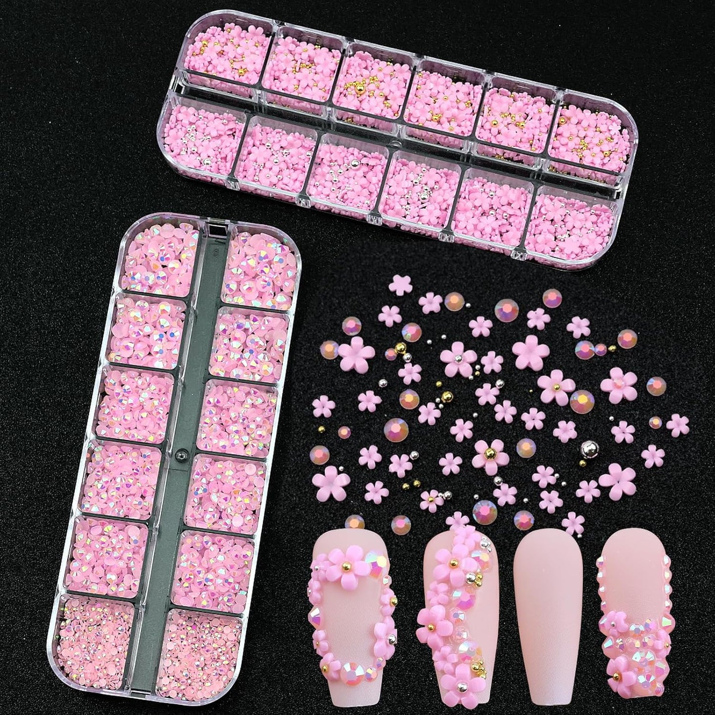 Flatback Nail Art Rhinestones Flower Nail Charms with AB Rhinestones Glue Gel Pink Nail Supplies Accessories Gems Resin Rhinestones for Bedazzling Crafting & Women Nails Design Decor