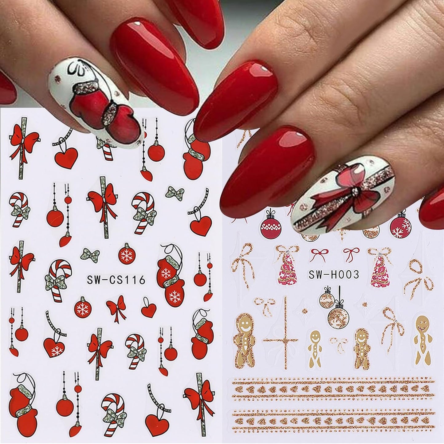 Glitter Christmas Nail Art Stickers 12 Sheets Sparkles Winter Nail Decals 3D Self Adhesive Nail Supplies DIY Santa Claus Gingerbread Man Snowflake Xmas Manicure Decoration DIY Supplies for Women Girl