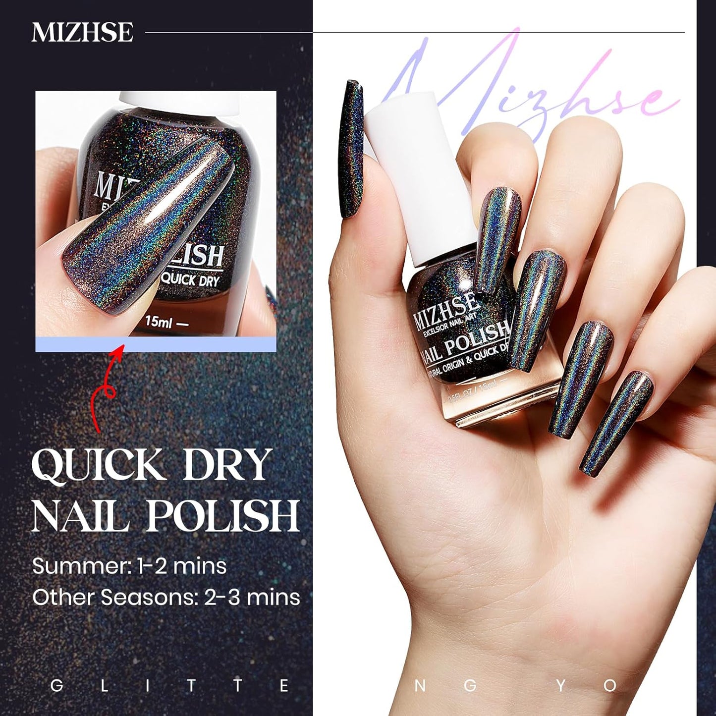 MIZHSE Holographic Nail Polish, Black Glitter Nail Polish Air Dry Fast, 15 ml 0.5 fl oz High Glossy Shiny Nail Pigment Oil-based Laser Iridescent Chrome Halo Nail Art Salon Manicure Home