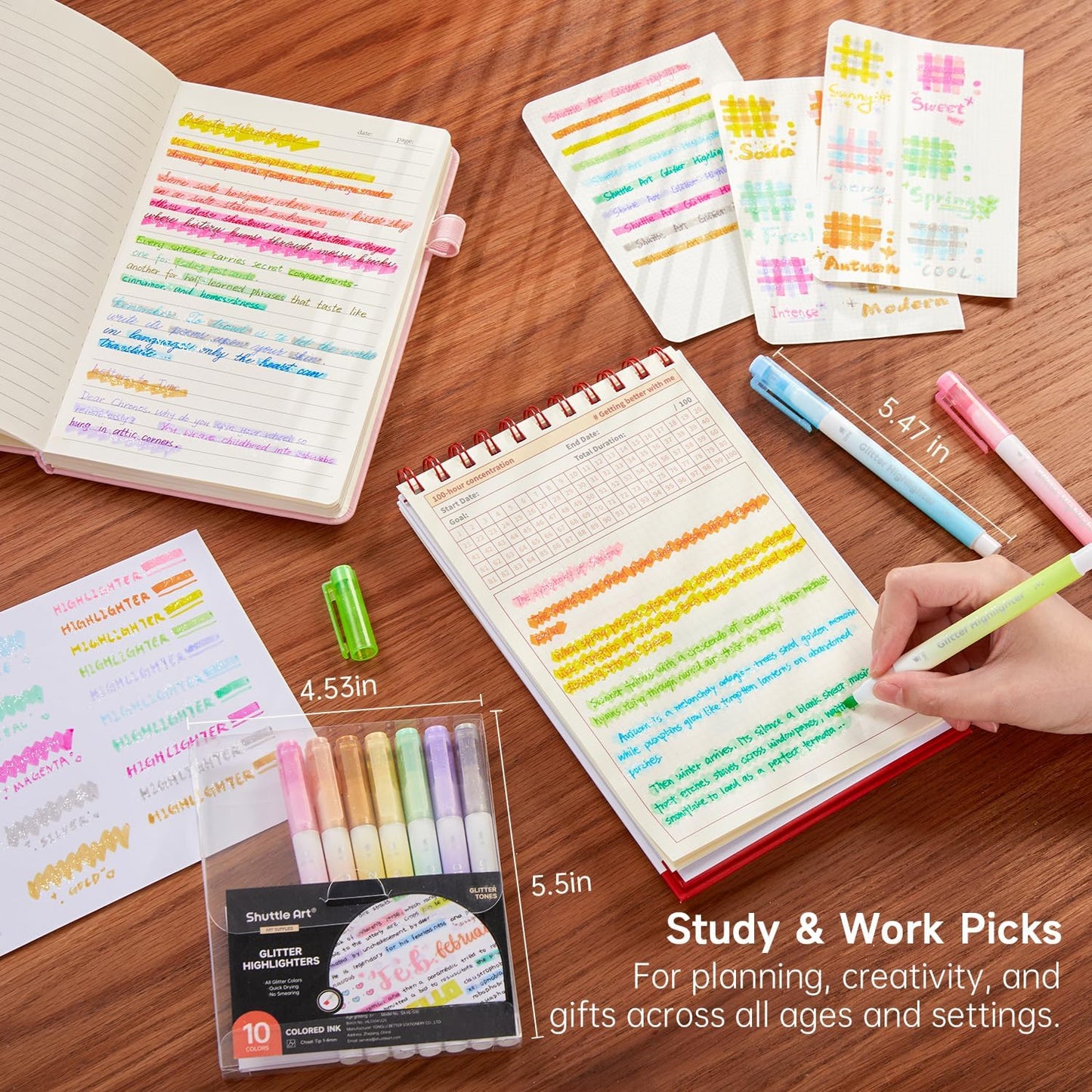 Glitter Highlighters, Shuttle Art 10 Sparkle Colors Chisel Tip Fluorescent Markers, Quick-Dry Non-Toxic Aesthetic Shimmer Highlighter Pens for Kids Teens Adults, Perfect for School Office Art Supplies