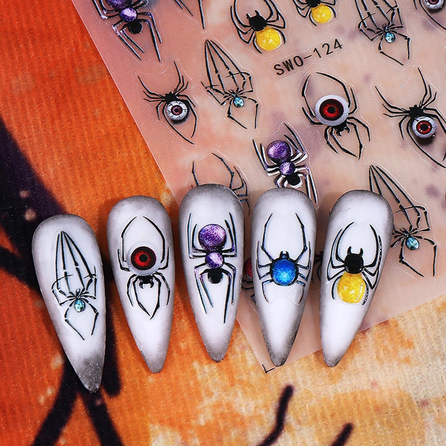 Halloween Nail Art Stickers Decals 5D Embossed Spider Nail Stickers Spider Web Nails Decal Self-Adhesive Design Nail Art Decal for Women Halloween Decor (5 Sheets)