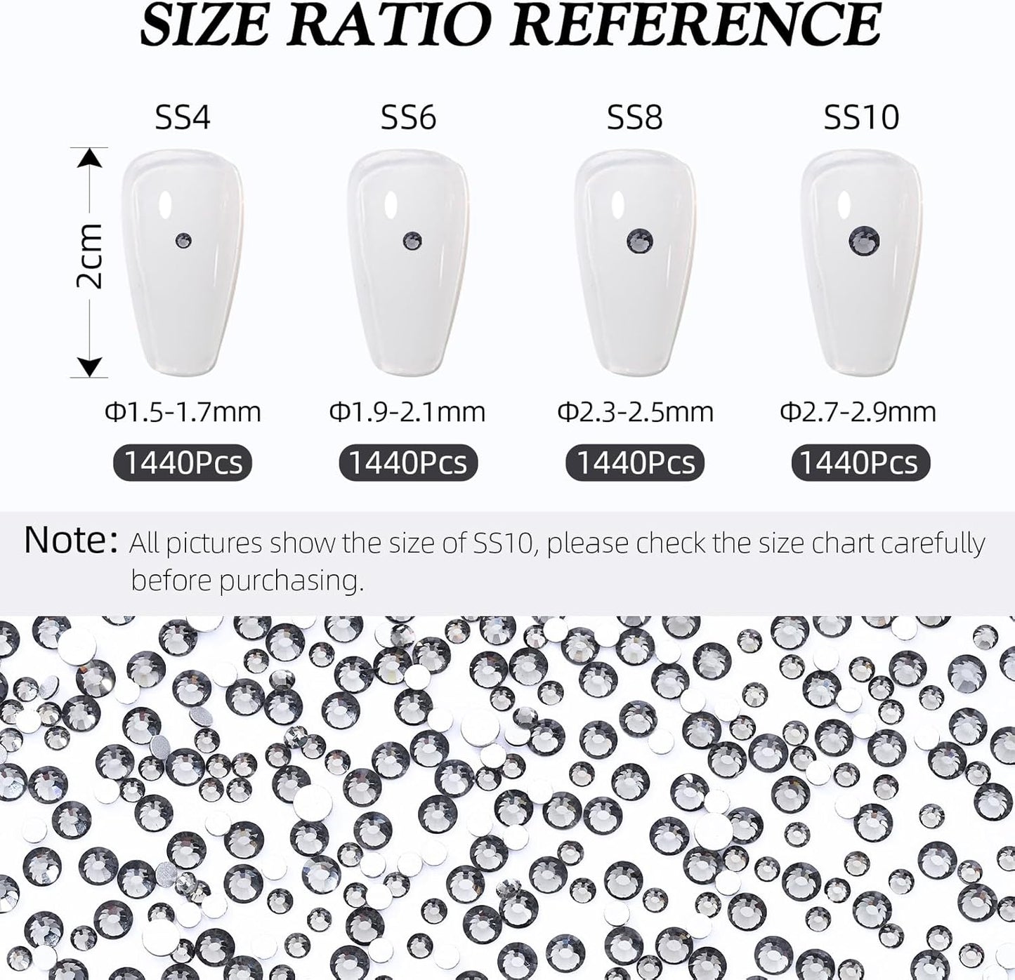 Gray Flatback Rhinestones, Glass Rhinestones for Nail Art and Craft, Glue Fix, Loose Crystal Gemstones(Gray, SS4, 1440pcs, 1.5-1.7mm)