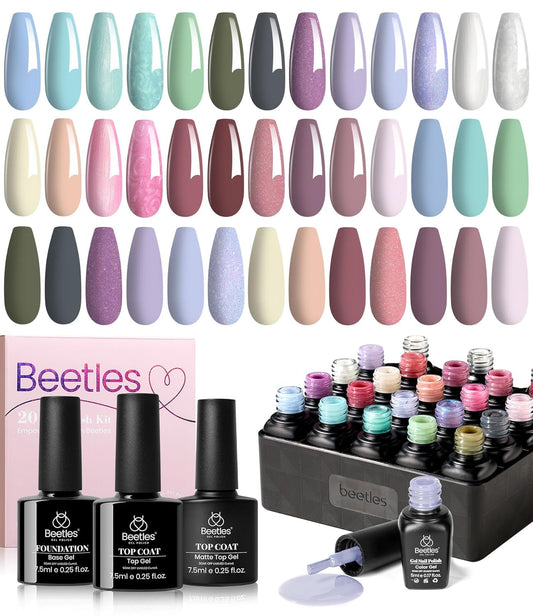 Beetles Neutral Gel Nail Polish Set – Healing Elixir Gel Nail Polish Kit, 20 Colors Pink Blue White Green Pearl with Base Coat Matte Glossy Top Coat for DIY Manicure Gift for Women