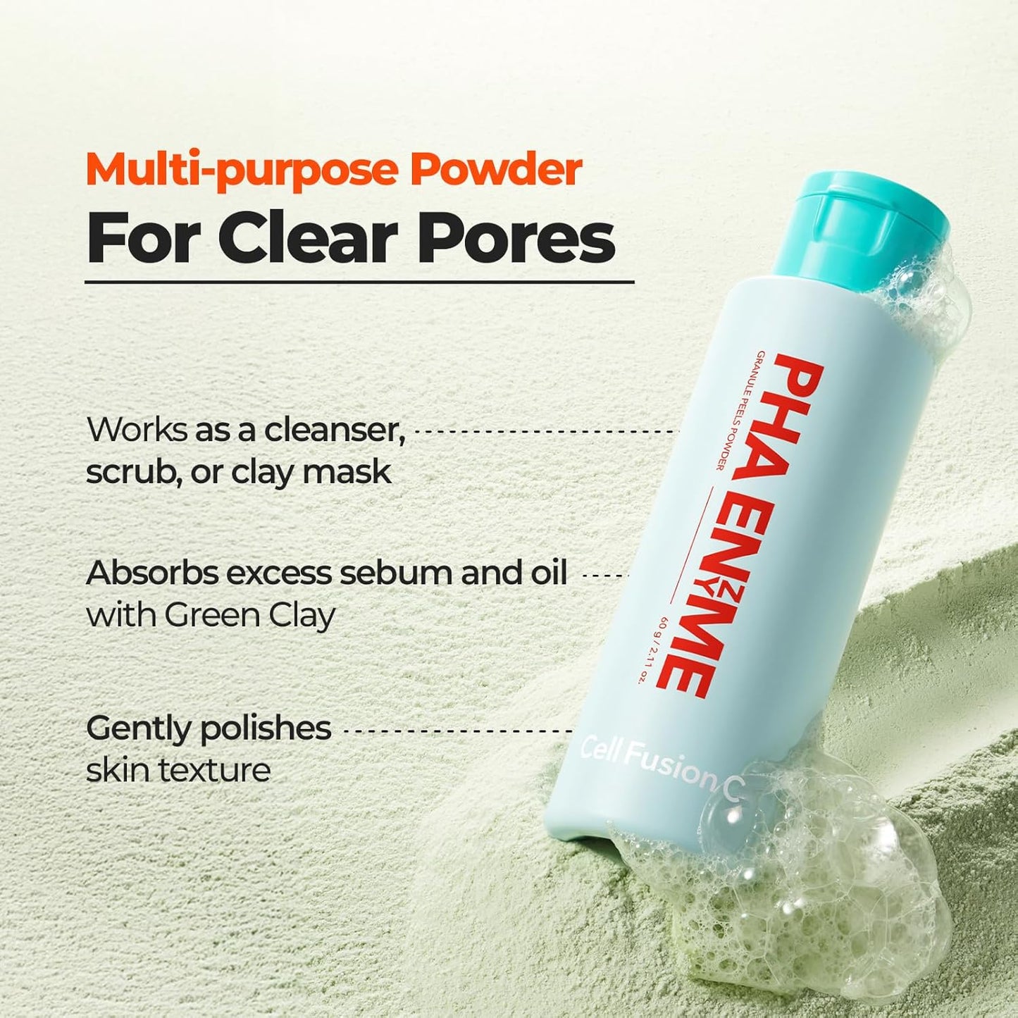 Cell Fusion C PHA Enzyme Granule Peels Cleansing Powder – Multi-Purpose Powder Cleanser for Blackhead Removal & Sebum Control, Exfoliation for Smooth Skin, 2.11 oz / 60g