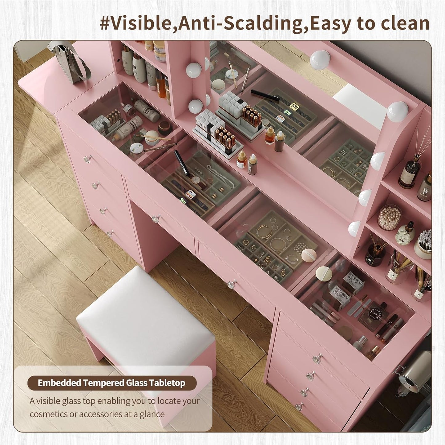 Vanity with Mirror and LED Lights,Vanity Desk with Power Outlet, Makeup Vanity with Drawers and 2 Cabinets, Fold-up Panel, Glass Top Vanity Table with Chair for Bedroom (10 Drawers, Pink)