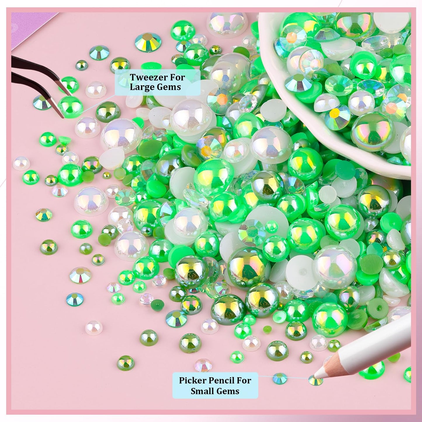 80g Flatback Pearls and Rhinestones for Crafting, Green Mixed Size 3-10mm Resin Rhinestones and Half Pearls for Bedazzling, Nail Art and Decoration with Tweezer and Pickup Pencil