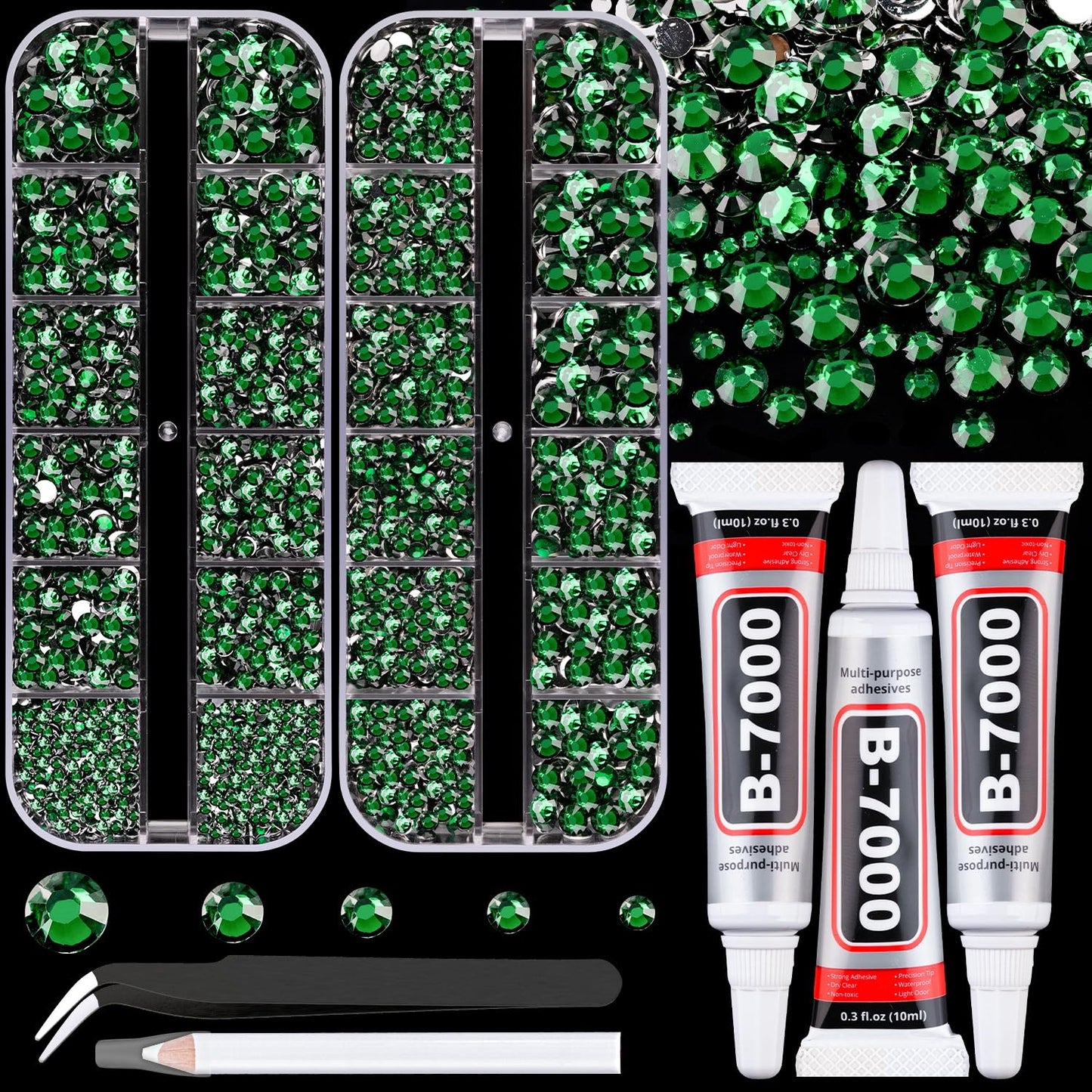 Resin Rhinestones for Crafting with B7000 Jewelry Glue, 2 Boxes Dark Green Flatback Crystals with 3Pcs 10ml Glue for Bedazzling Crafts DIY Nail Art Makeup，Non Hotfix Gems for Clothing Shoes